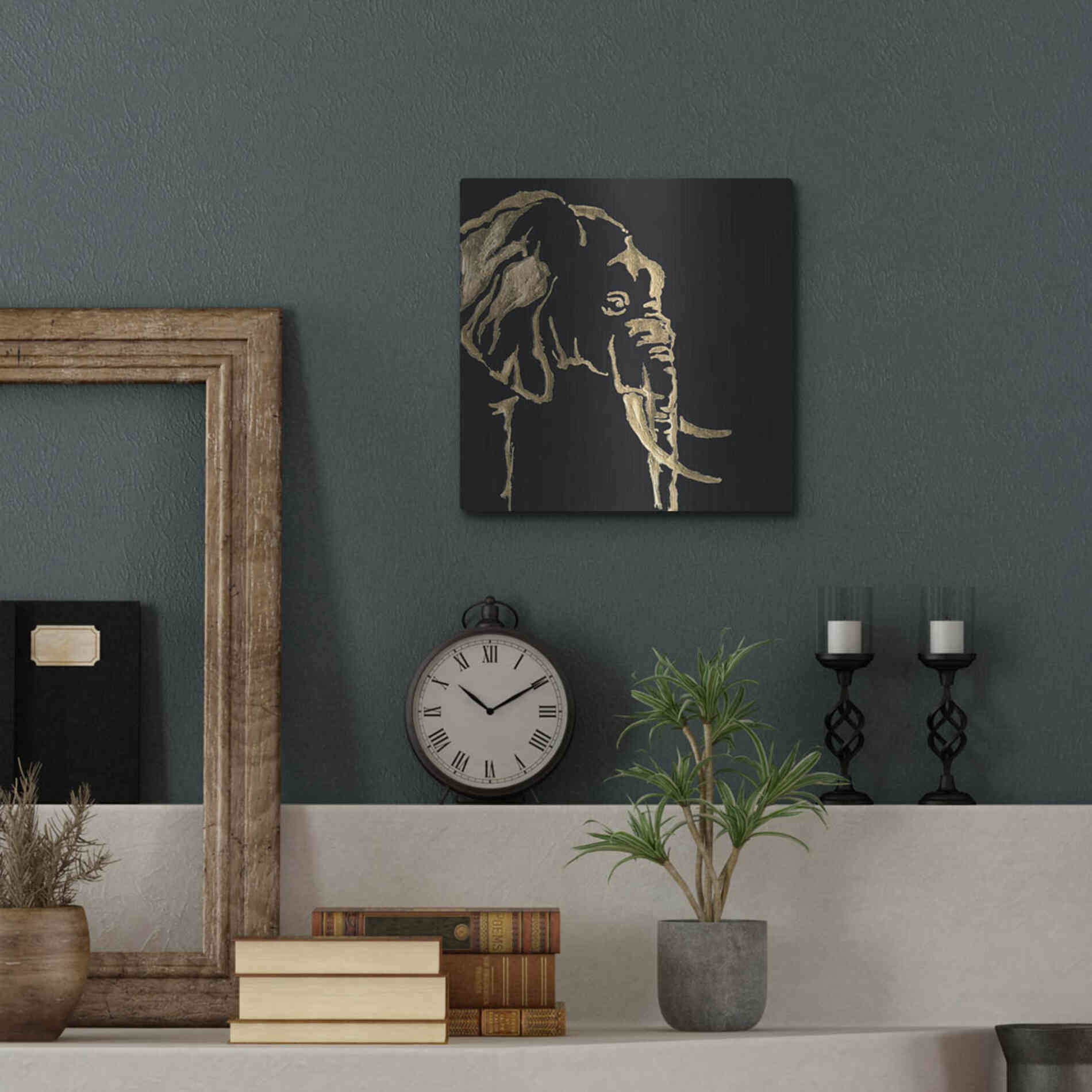 Luxe Metal Art 'Gilded Elephant on Black Pillow' by Chris Paschke, Metal Wall Art,12x12