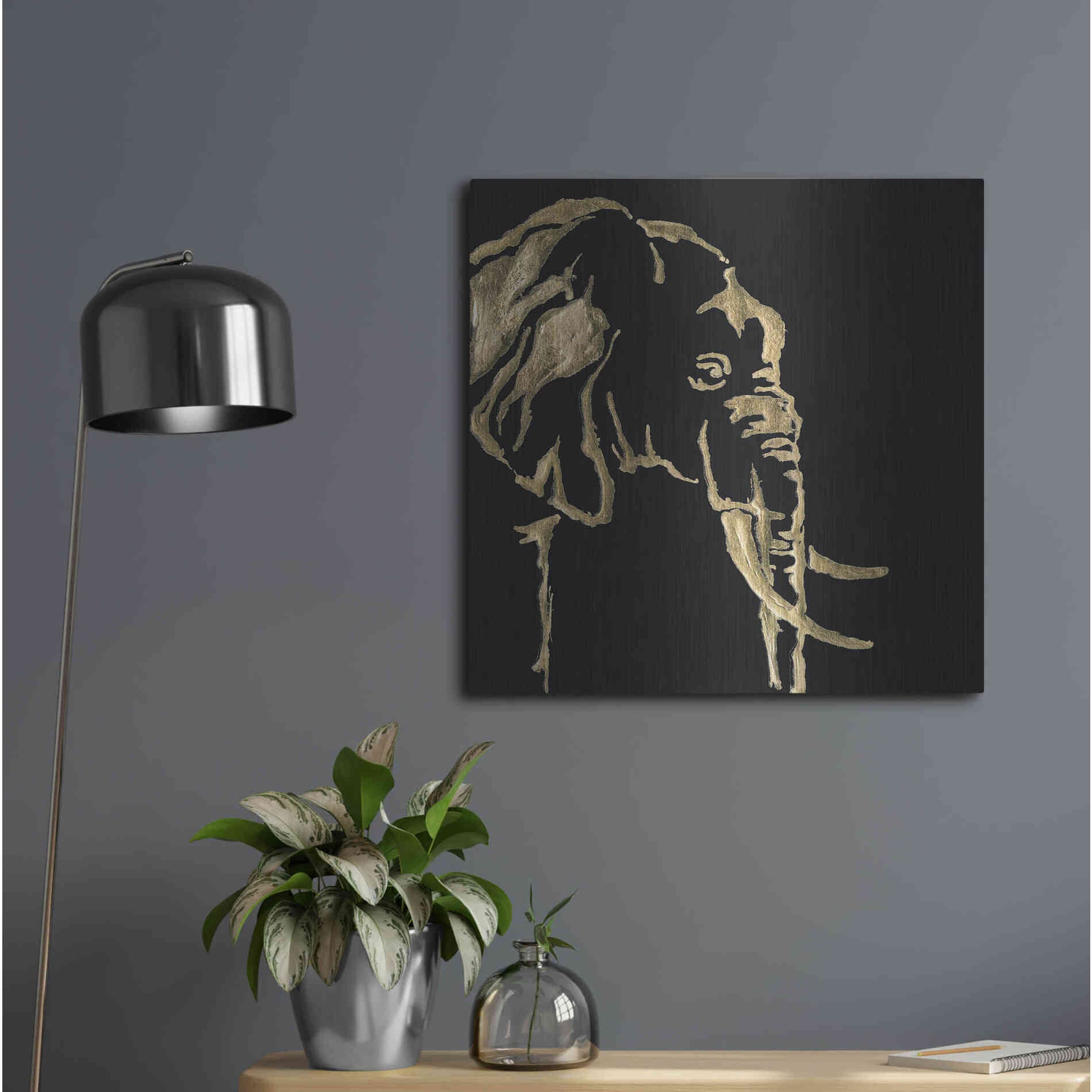 Luxe Metal Art 'Gilded Elephant on Black Pillow' by Chris Paschke, Metal Wall Art,24x24
