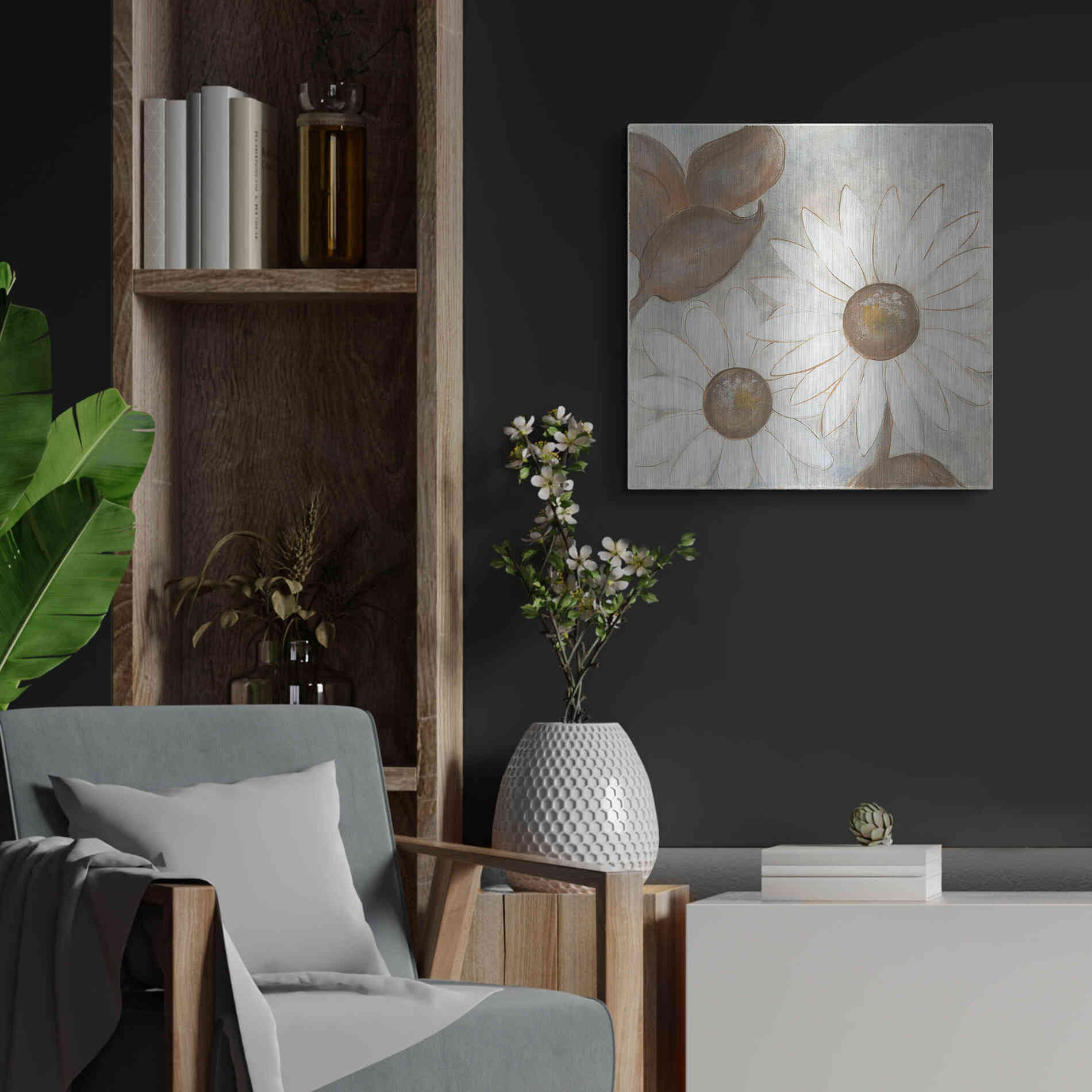 Luxe Metal Art 'Daisy Do I Neutral' by Chris Paschke, Metal Wall Art,24x24