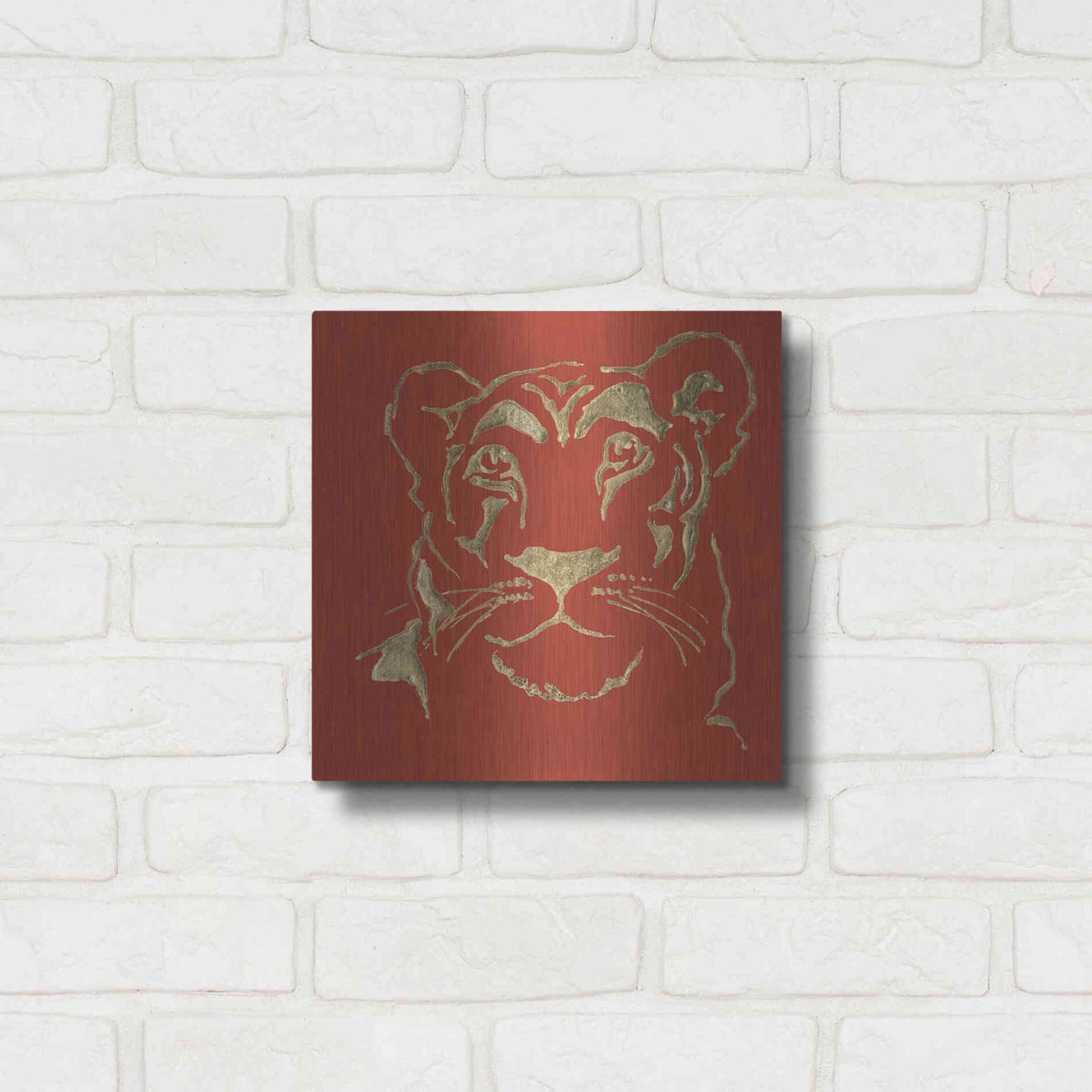 Luxe Metal Art 'Gilded Lioness on Red Pillow' by Chris Paschke, Metal Wall Art,12x12