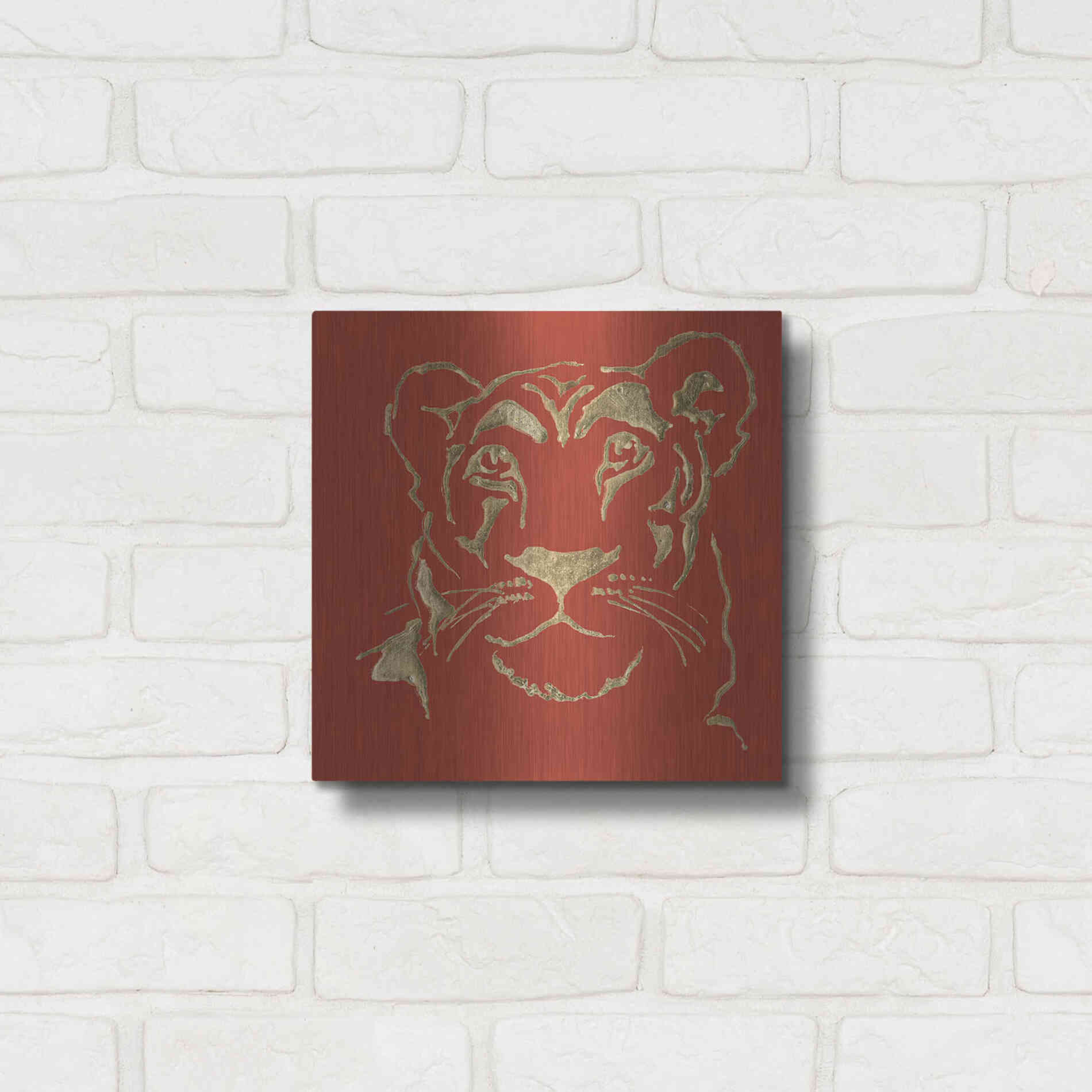 Luxe Metal Art 'Gilded Lioness on Red Pillow' by Chris Paschke, Metal Wall Art,12x12