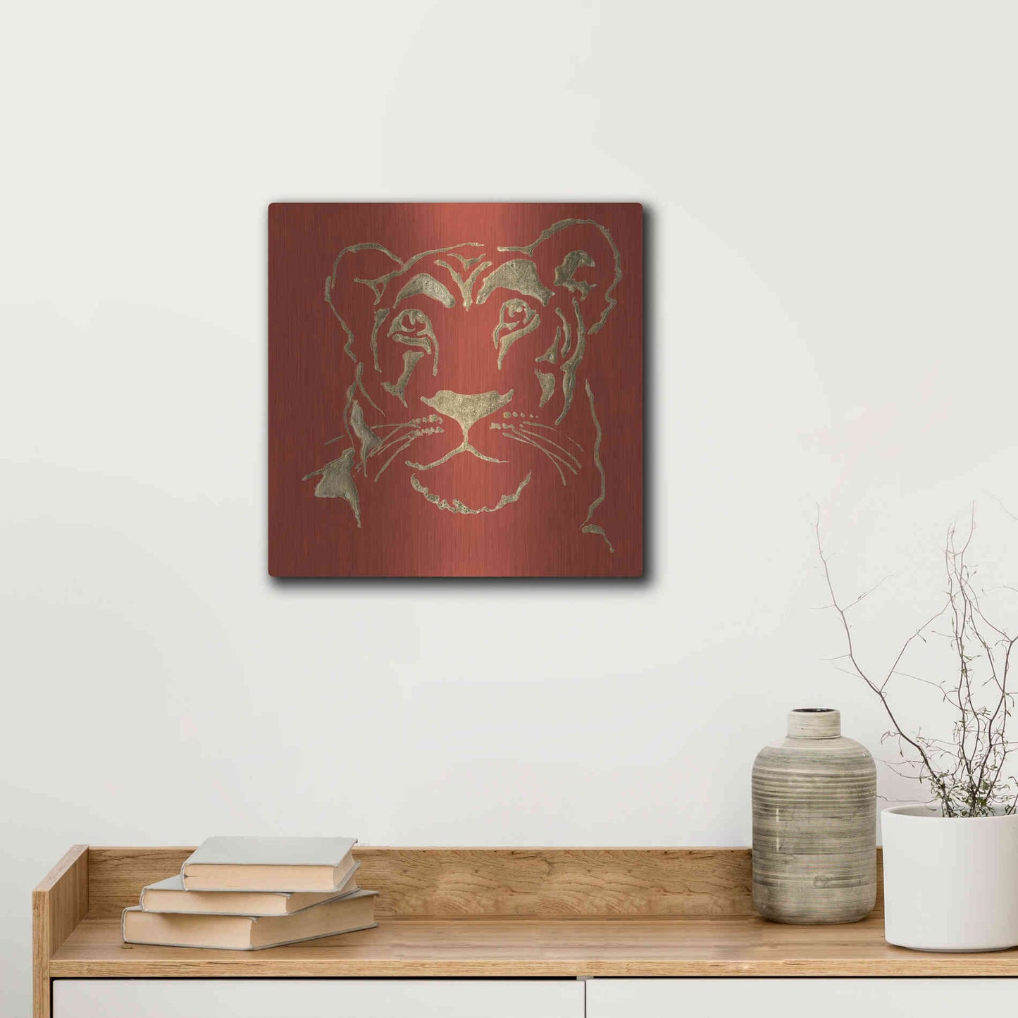 Luxe Metal Art 'Gilded Lioness on Red Pillow' by Chris Paschke, Metal Wall Art,12x12