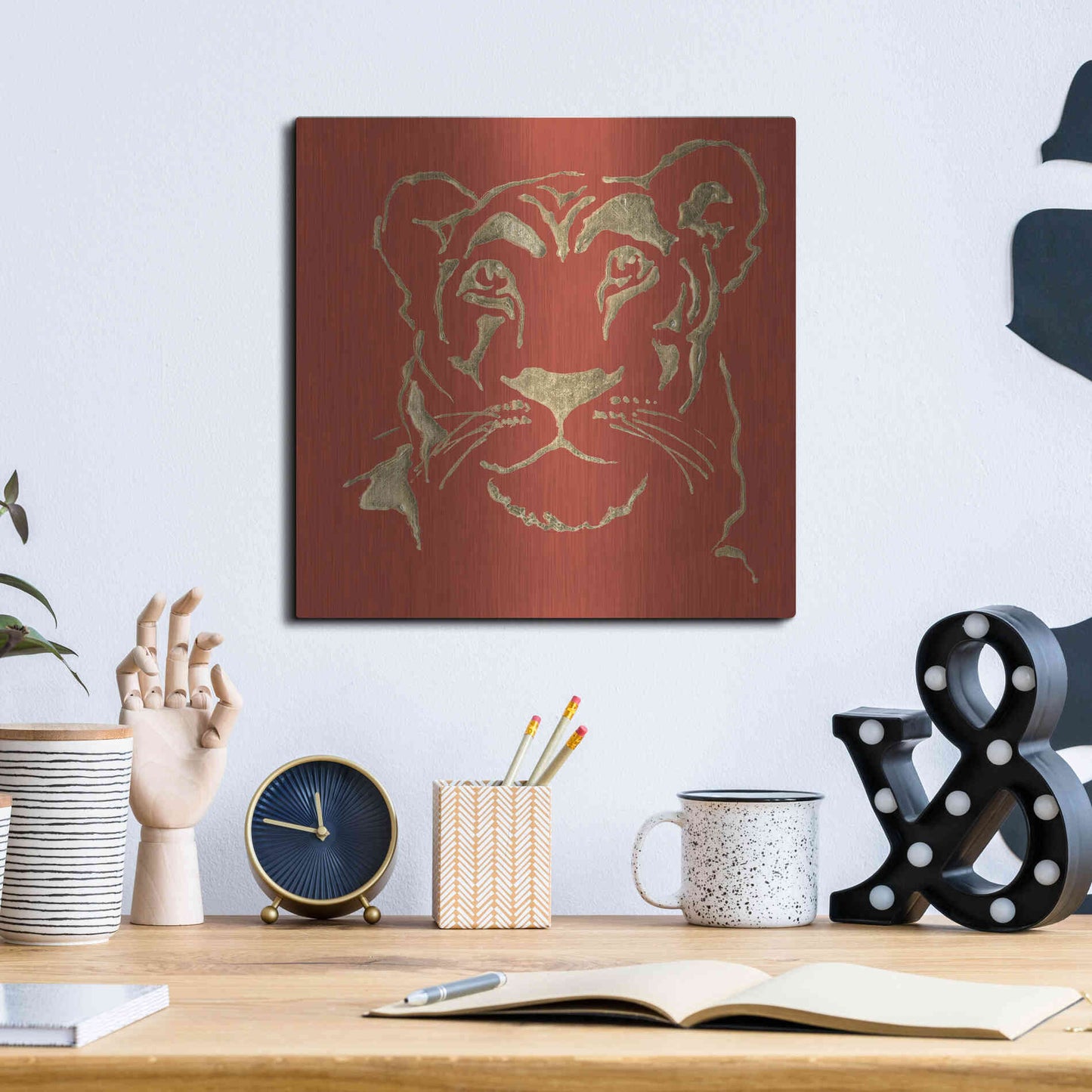 Luxe Metal Art 'Gilded Lioness on Red Pillow' by Chris Paschke, Metal Wall Art,12x12