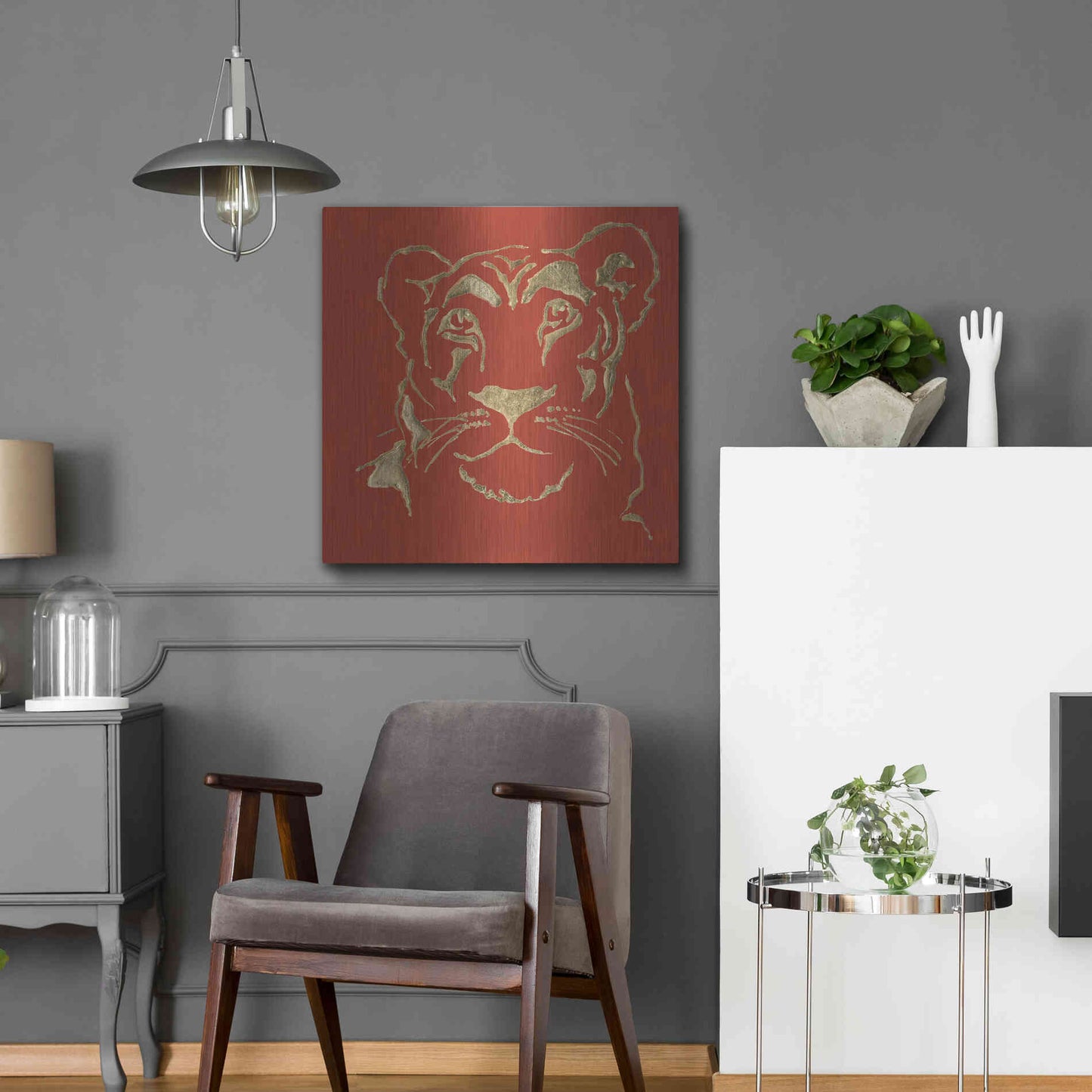 Luxe Metal Art 'Gilded Lioness on Red Pillow' by Chris Paschke, Metal Wall Art,24x24