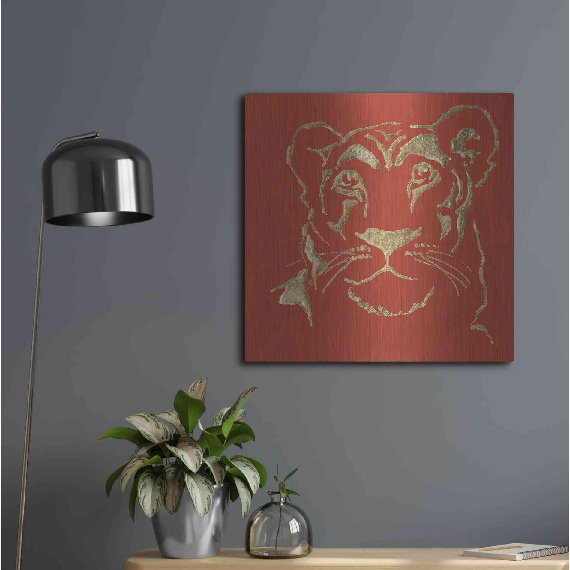 Luxe Metal Art 'Gilded Lioness on Red Pillow' by Chris Paschke, Metal Wall Art,24x24