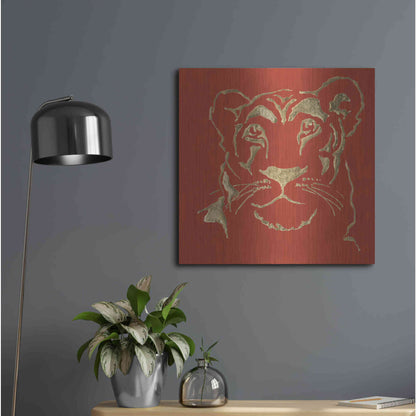 Luxe Metal Art 'Gilded Lioness on Red Pillow' by Chris Paschke, Metal Wall Art,24x24