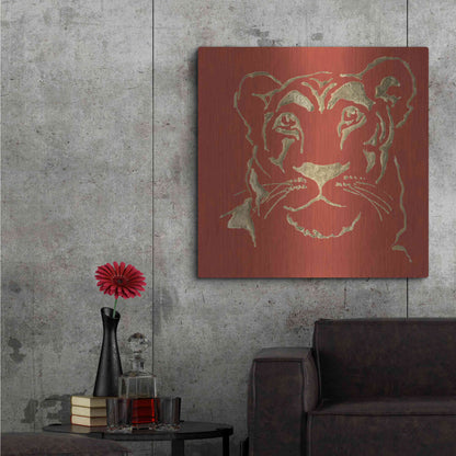 Luxe Metal Art 'Gilded Lioness on Red Pillow' by Chris Paschke, Metal Wall Art,36x36