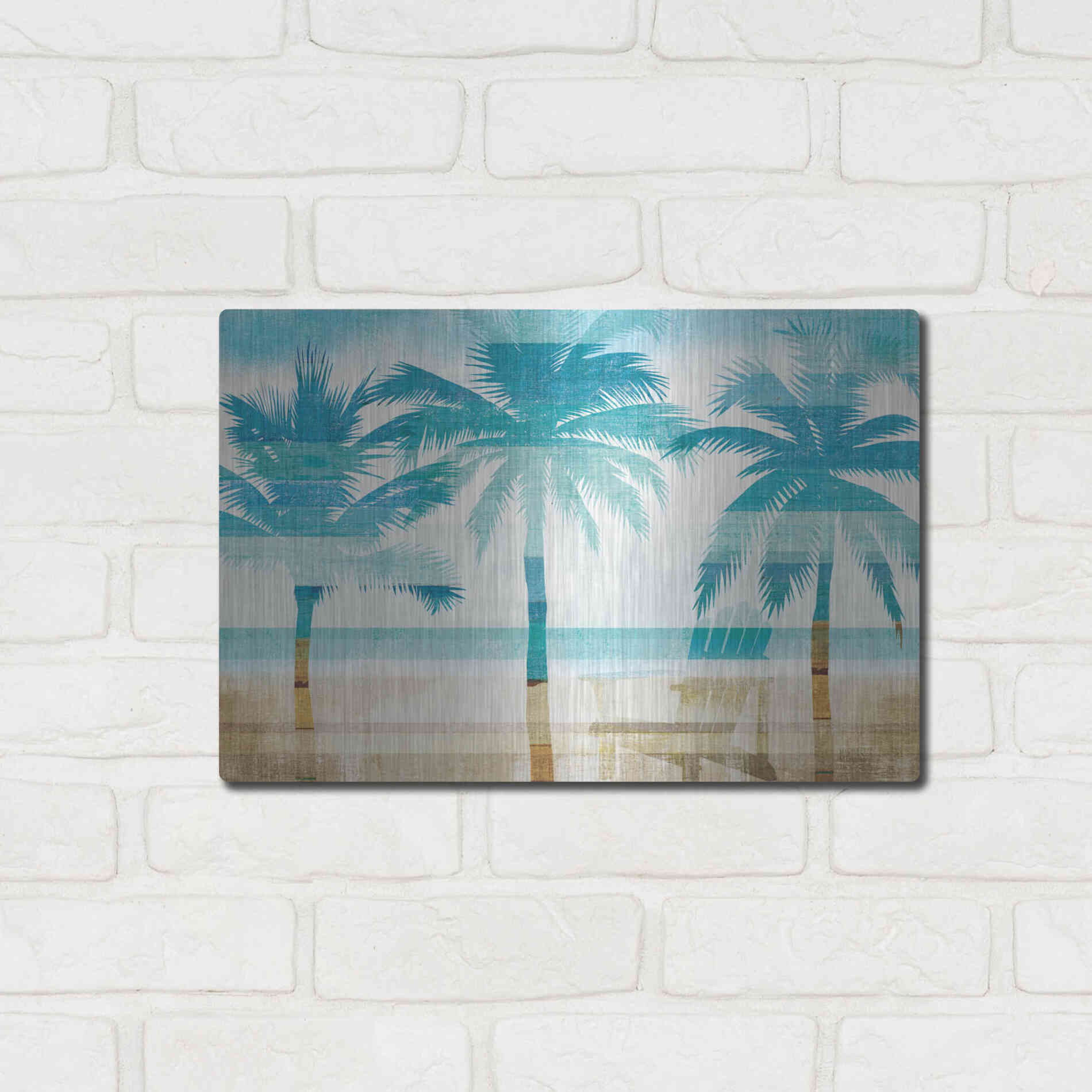 Luxe Metal Art 'Beachscape Palms with chair' by Michael Mullan, Metal Wall Art,16x12