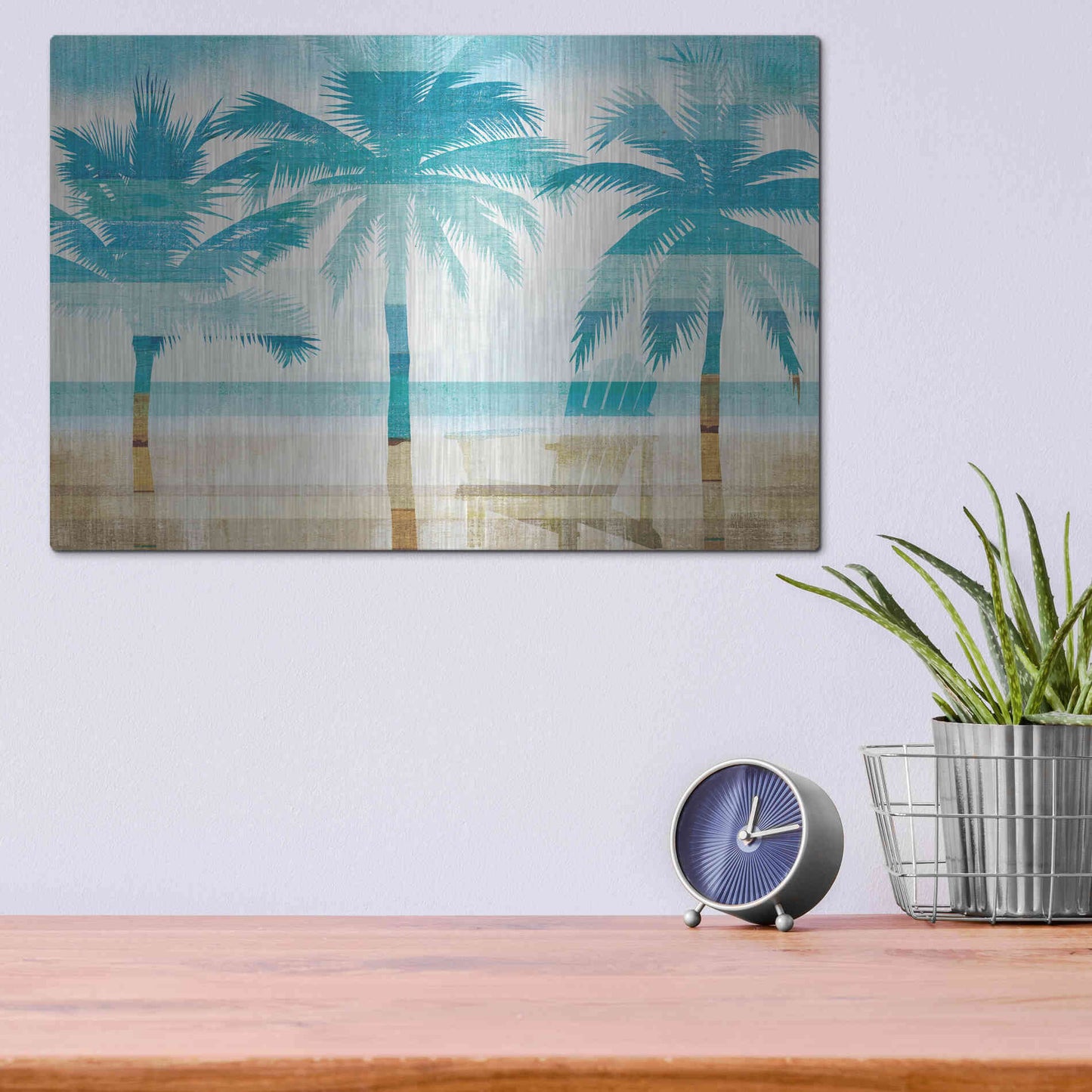 Luxe Metal Art 'Beachscape Palms with chair' by Michael Mullan, Metal Wall Art,16x12