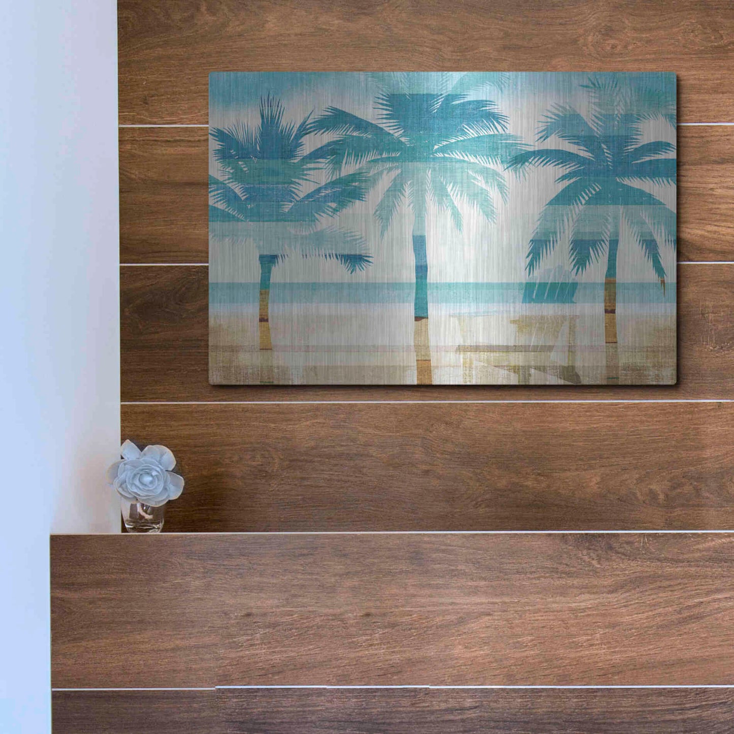Luxe Metal Art 'Beachscape Palms with chair' by Michael Mullan, Metal Wall Art,16x12