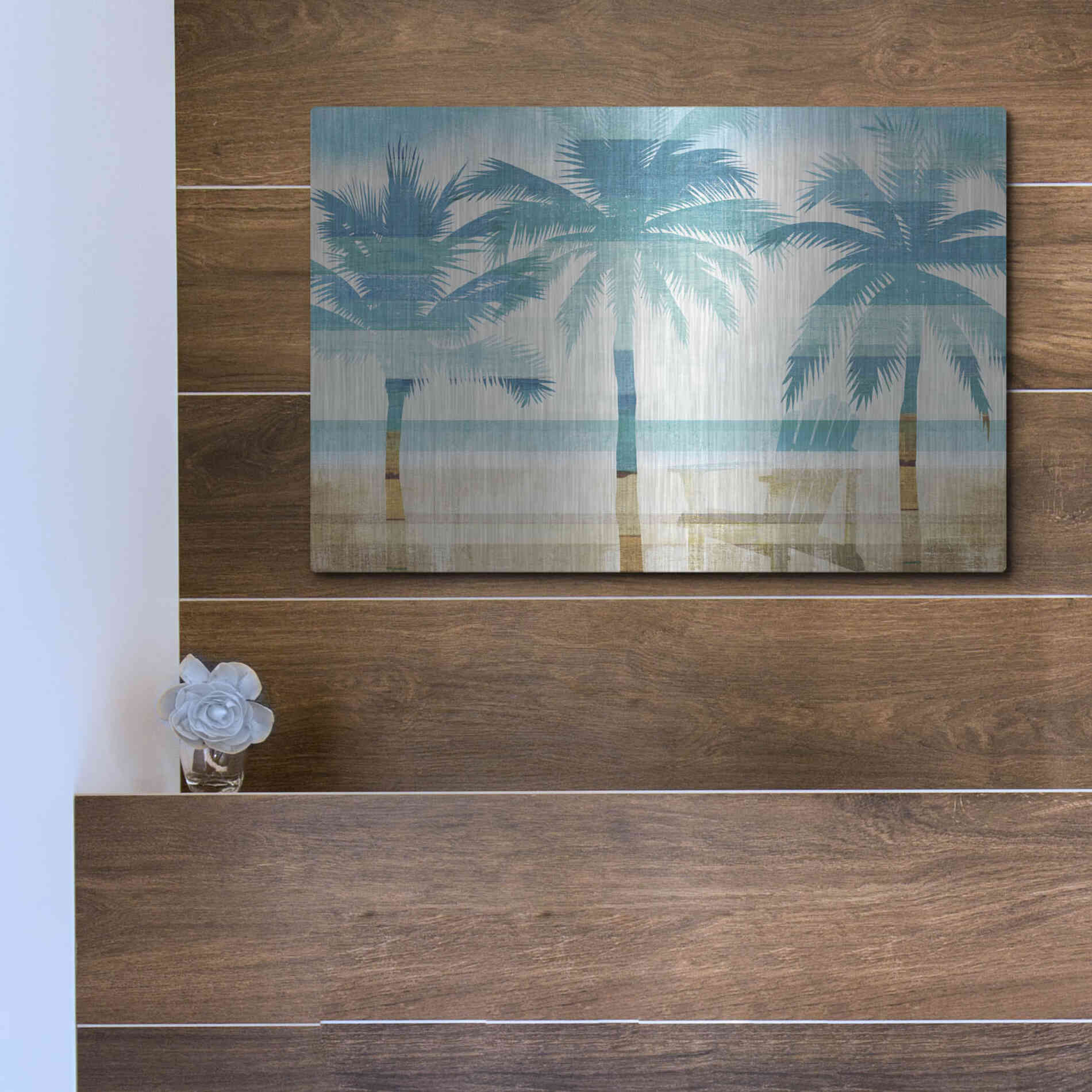 Luxe Metal Art 'Beachscape Palms with chair' by Michael Mullan, Metal Wall Art,16x12