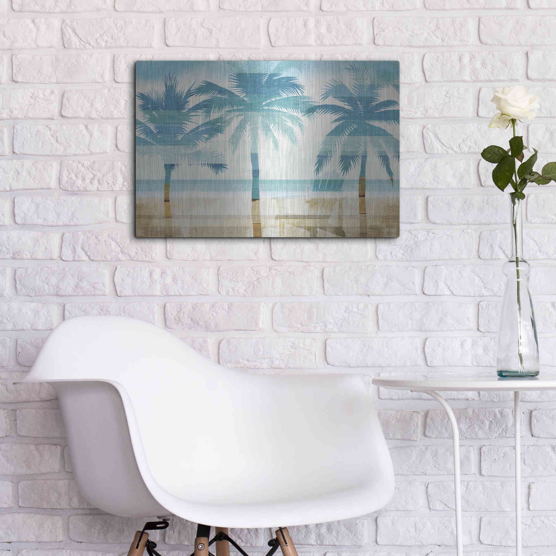 Luxe Metal Art 'Beachscape Palms with chair' by Michael Mullan, Metal Wall Art,24x16