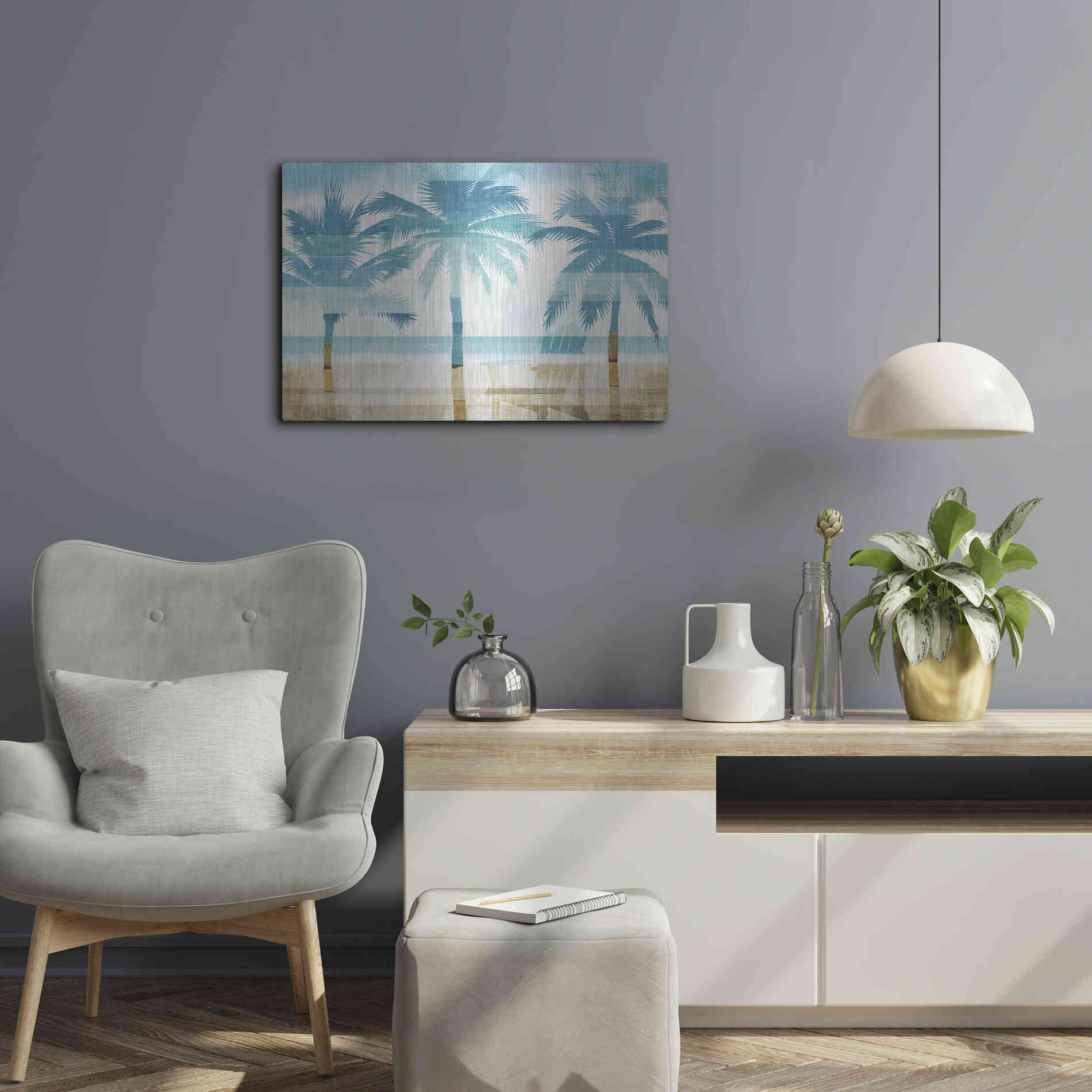Luxe Metal Art 'Beachscape Palms with chair' by Michael Mullan, Metal Wall Art,24x16