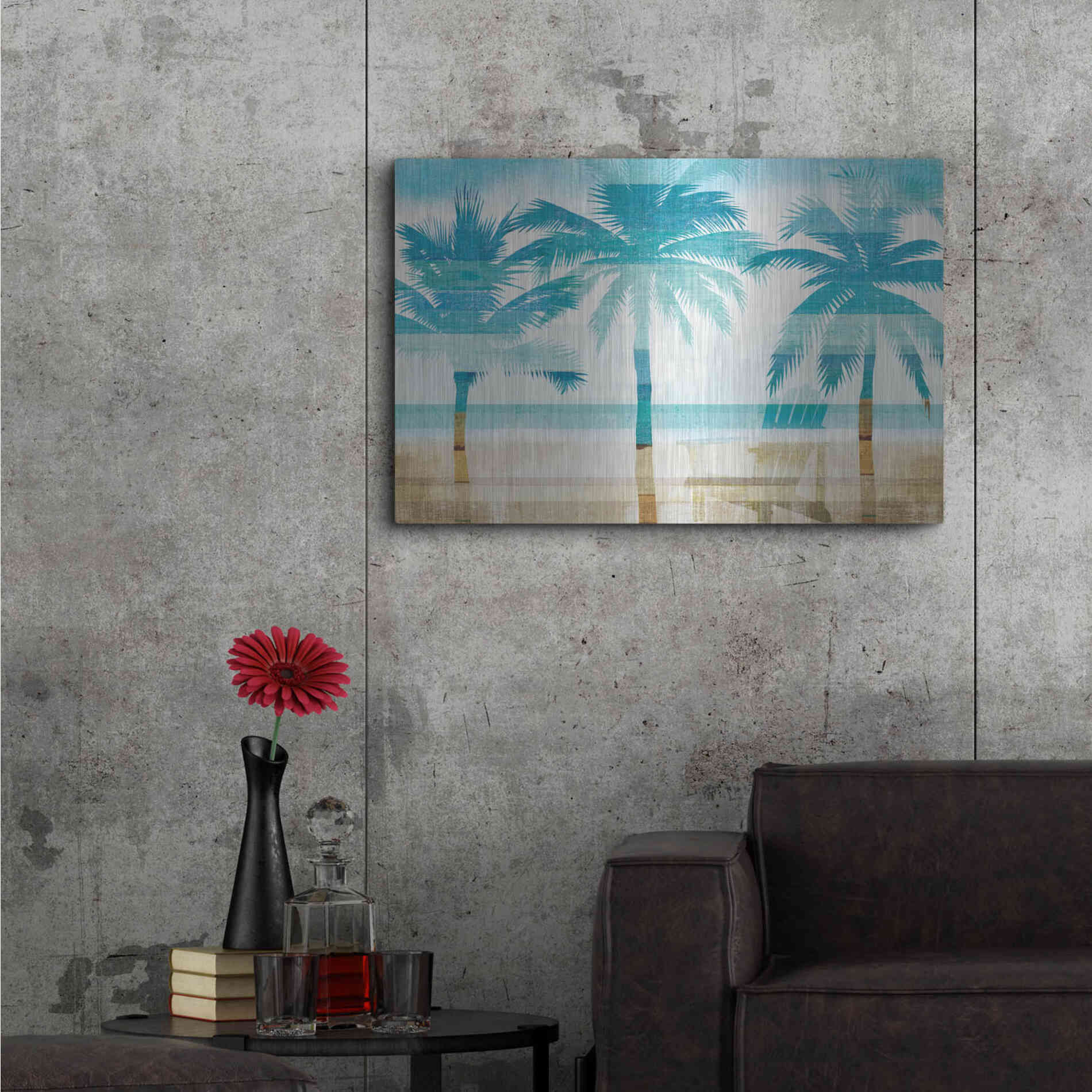 Luxe Metal Art 'Beachscape Palms with chair' by Michael Mullan, Metal Wall Art,36x24