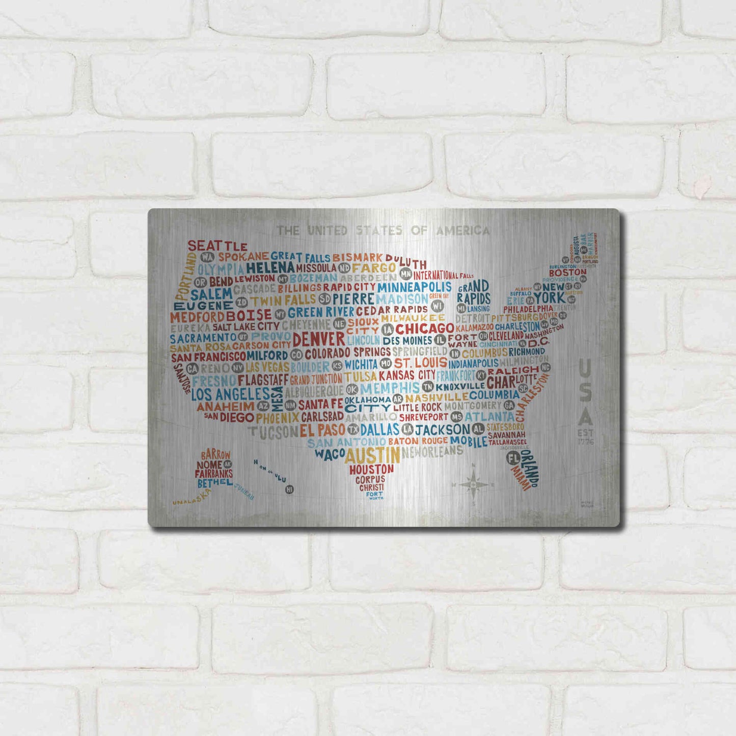 Luxe Metal Art 'US City Map' by Michael Mullan, Metal Wall Art,16x12