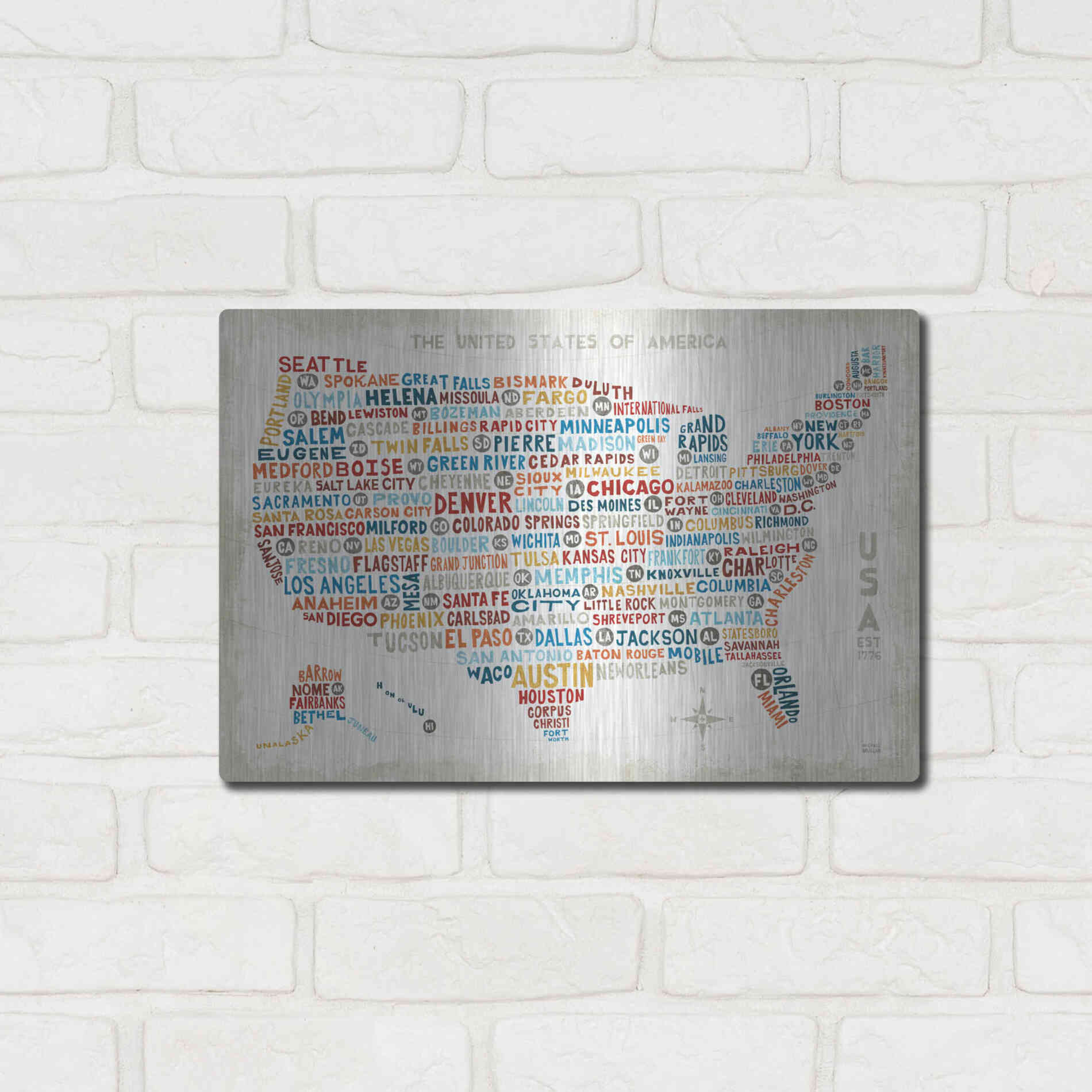 Luxe Metal Art 'US City Map' by Michael Mullan, Metal Wall Art,16x12
