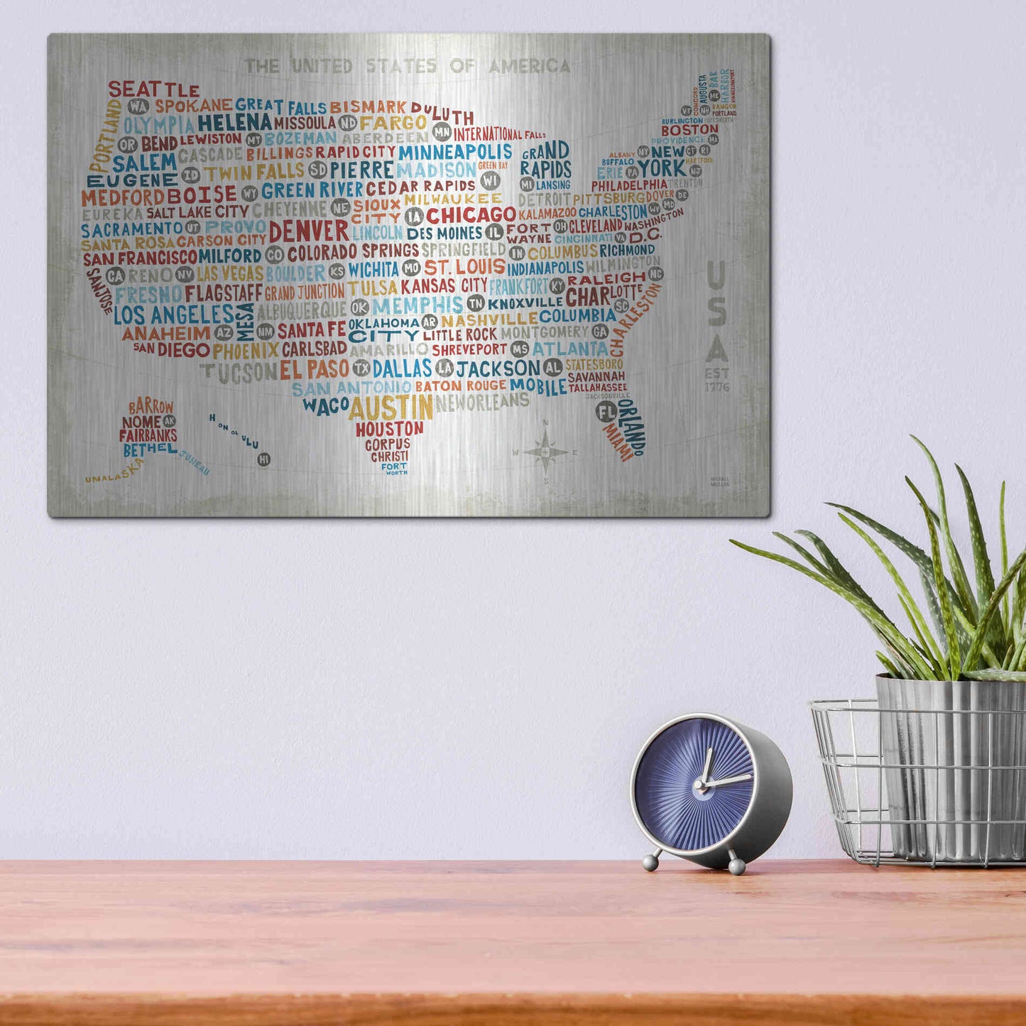 Luxe Metal Art 'US City Map' by Michael Mullan, Metal Wall Art,16x12