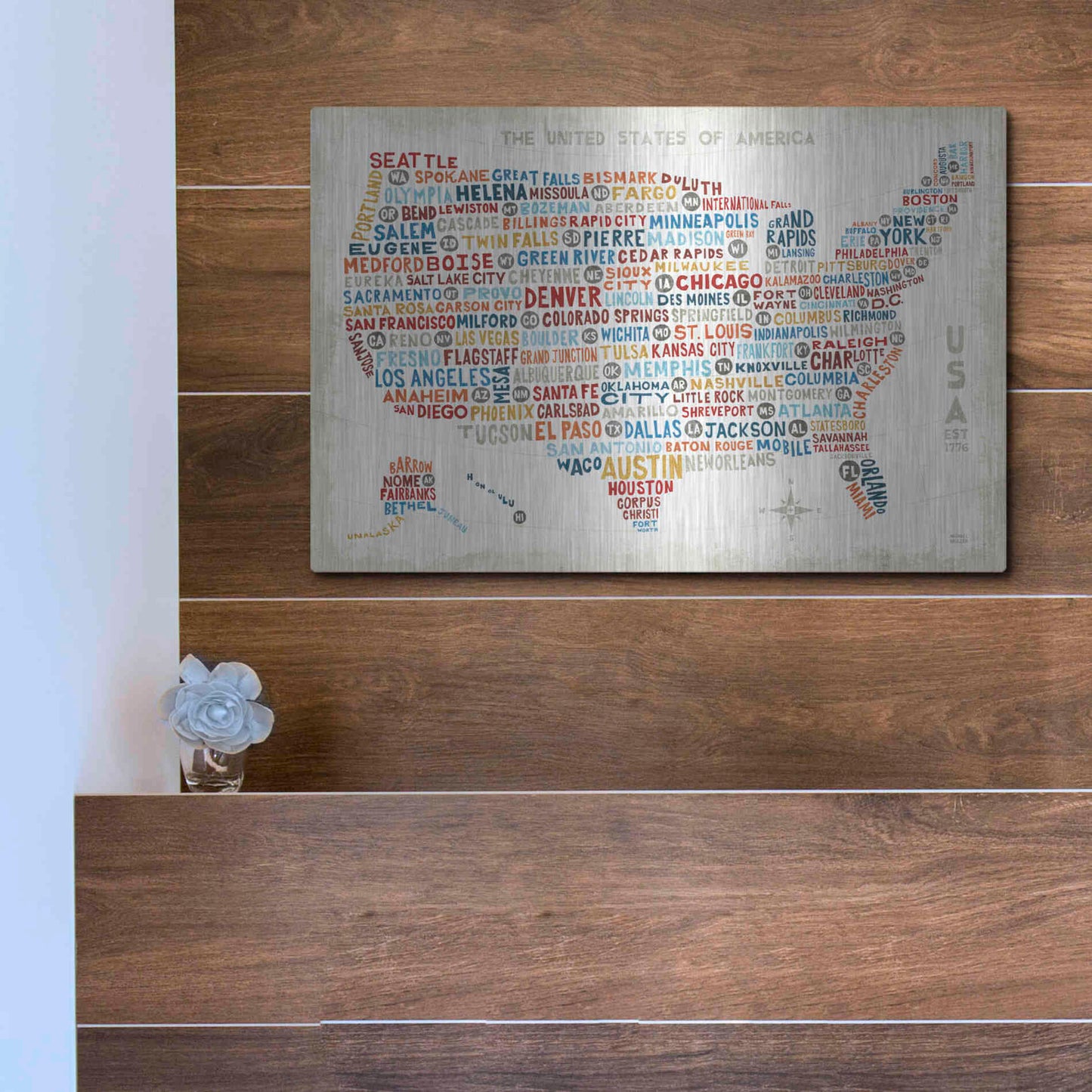 Luxe Metal Art 'US City Map' by Michael Mullan, Metal Wall Art,16x12