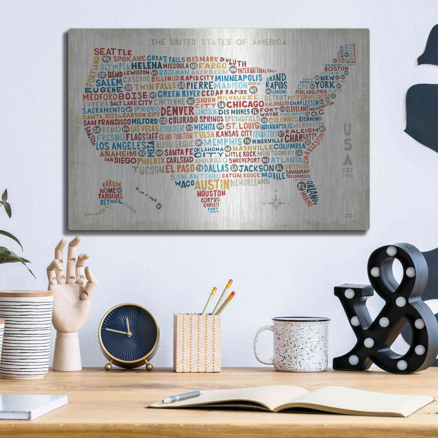 Luxe Metal Art 'US City Map' by Michael Mullan, Metal Wall Art,16x12