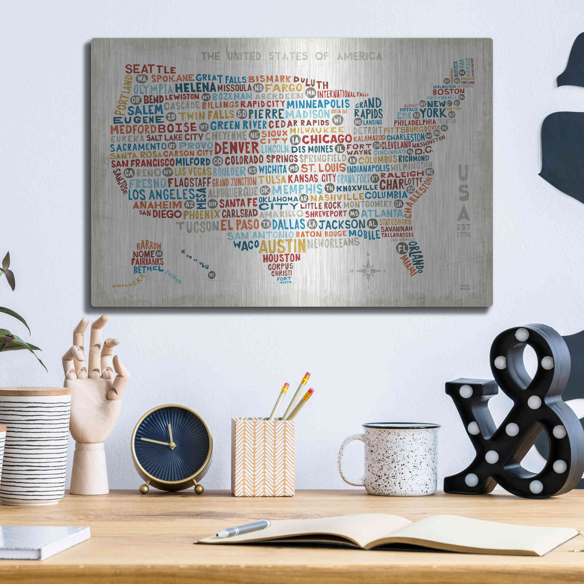 Luxe Metal Art 'US City Map' by Michael Mullan, Metal Wall Art,16x12