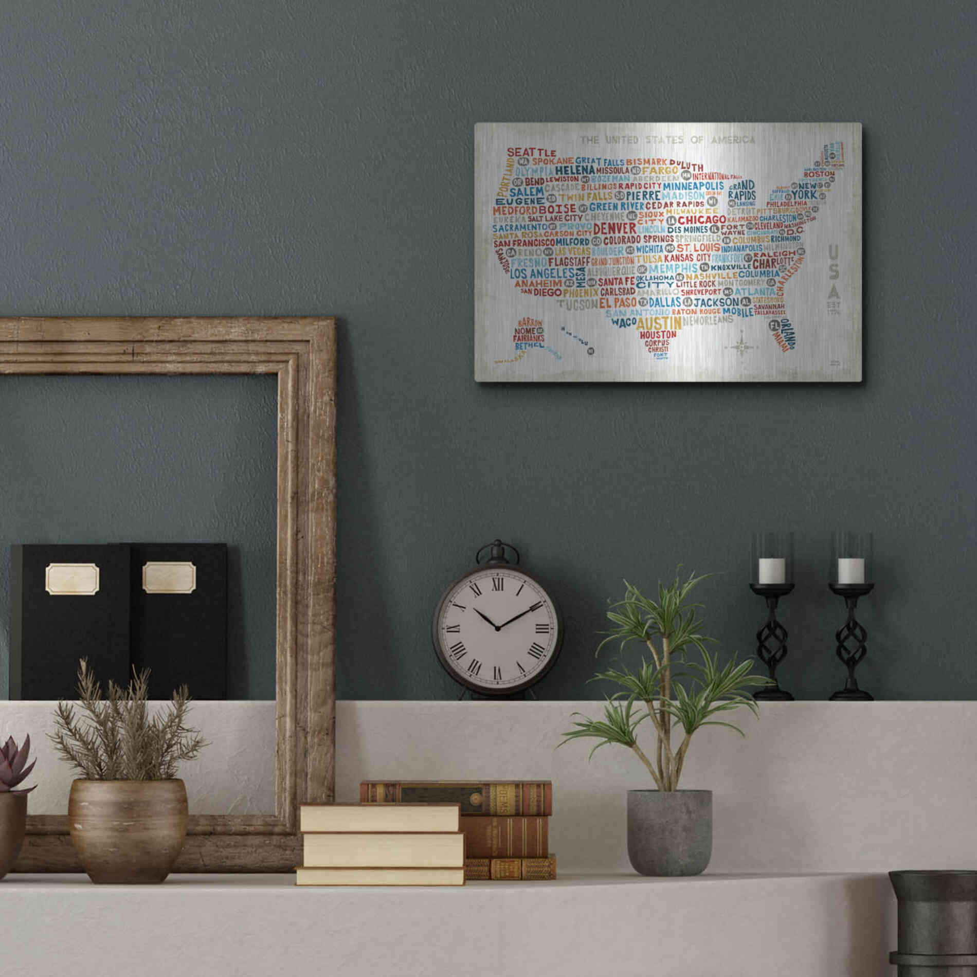 Luxe Metal Art 'US City Map' by Michael Mullan, Metal Wall Art,16x12