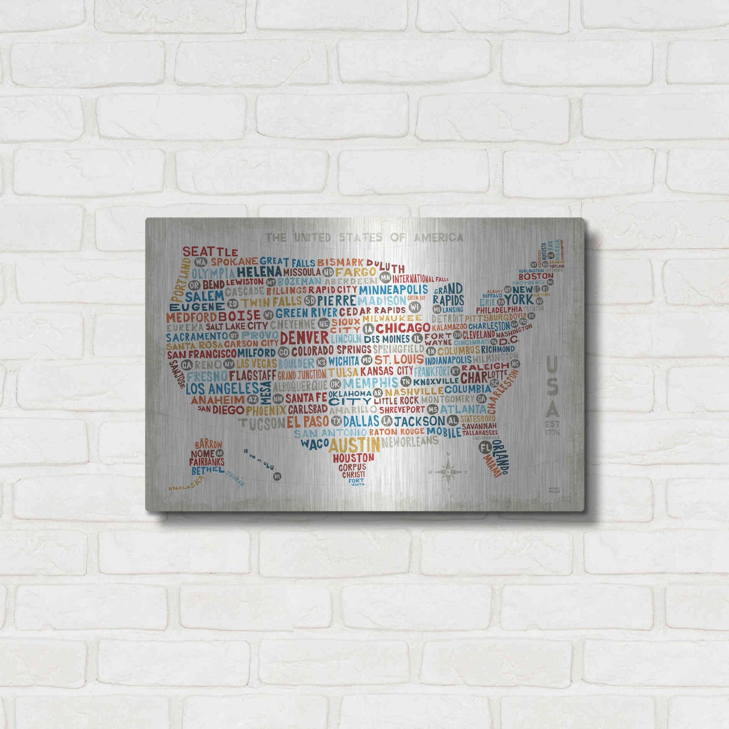 Luxe Metal Art 'US City Map' by Michael Mullan, Metal Wall Art,24x16