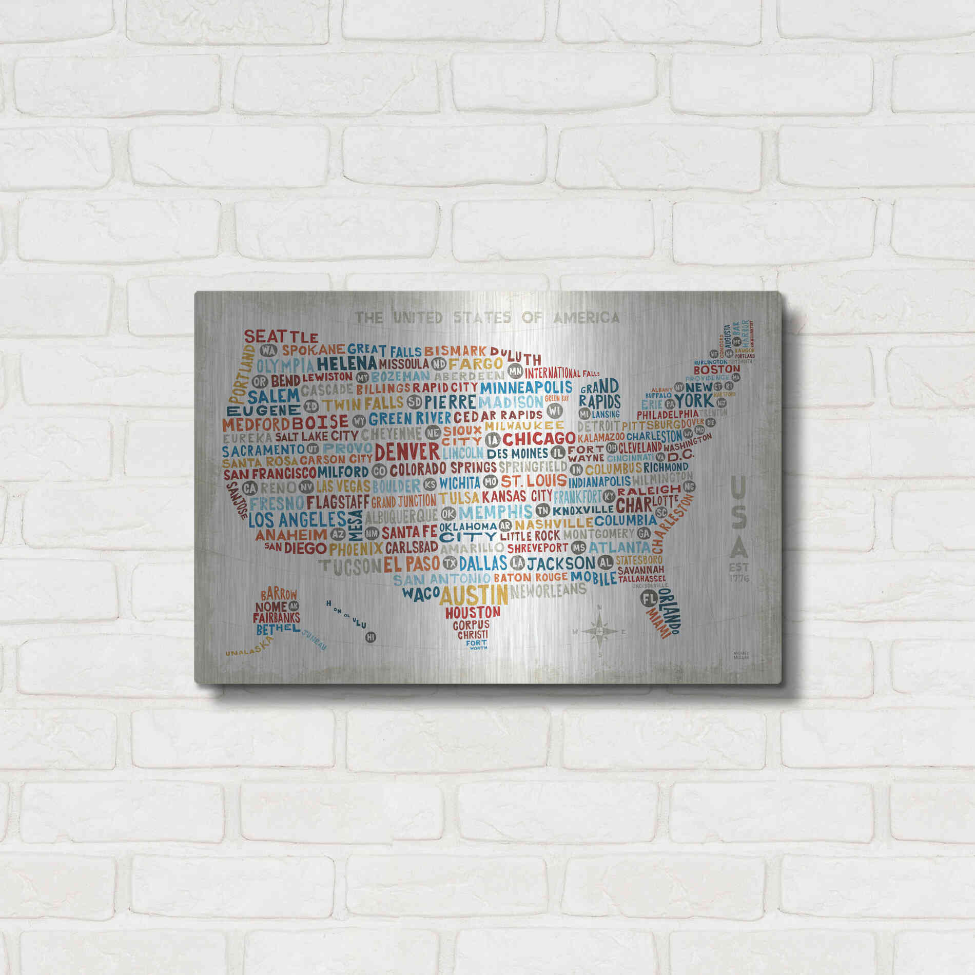 Luxe Metal Art 'US City Map' by Michael Mullan, Metal Wall Art,24x16
