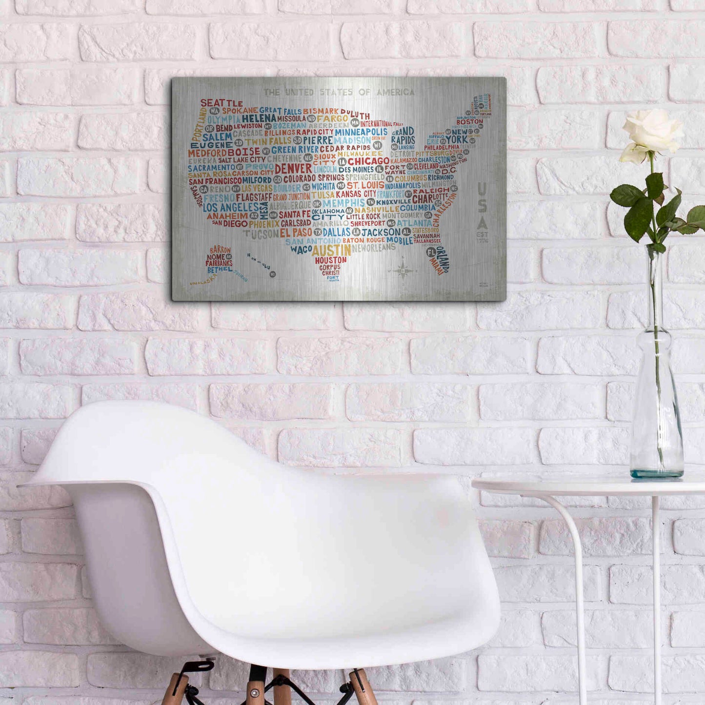 Luxe Metal Art 'US City Map' by Michael Mullan, Metal Wall Art,24x16