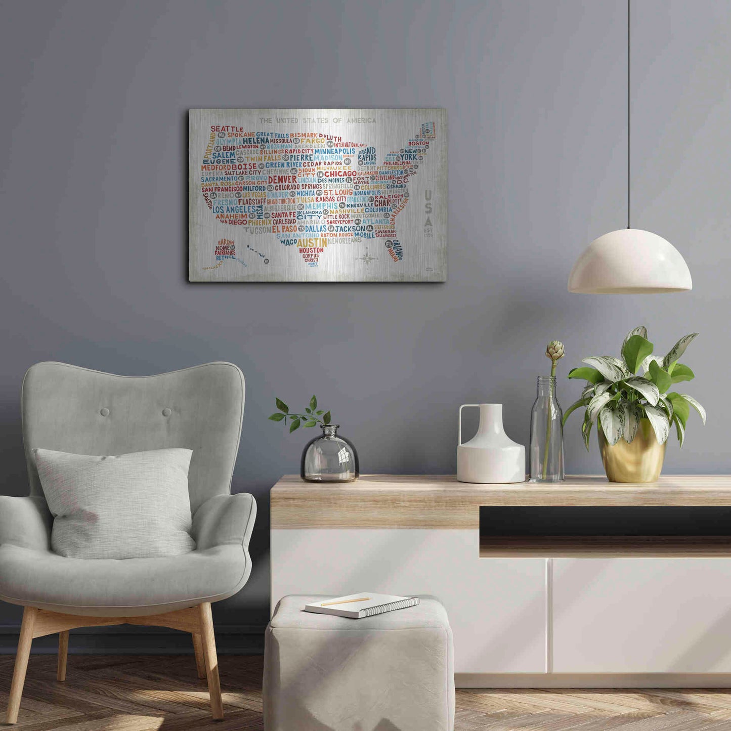 Luxe Metal Art 'US City Map' by Michael Mullan, Metal Wall Art,24x16