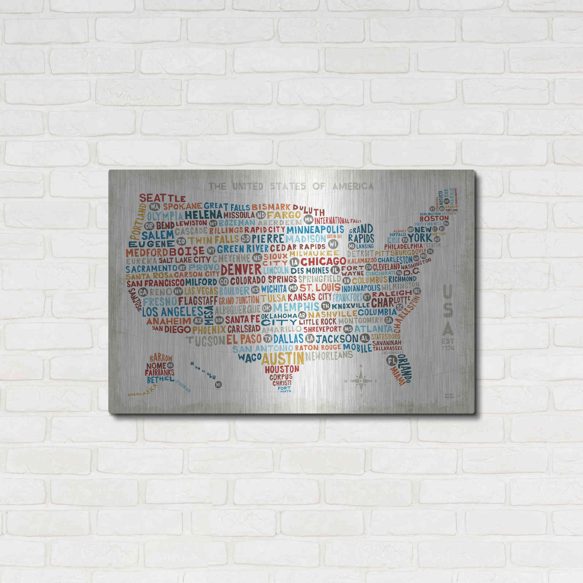 Luxe Metal Art 'US City Map' by Michael Mullan, Metal Wall Art,36x24