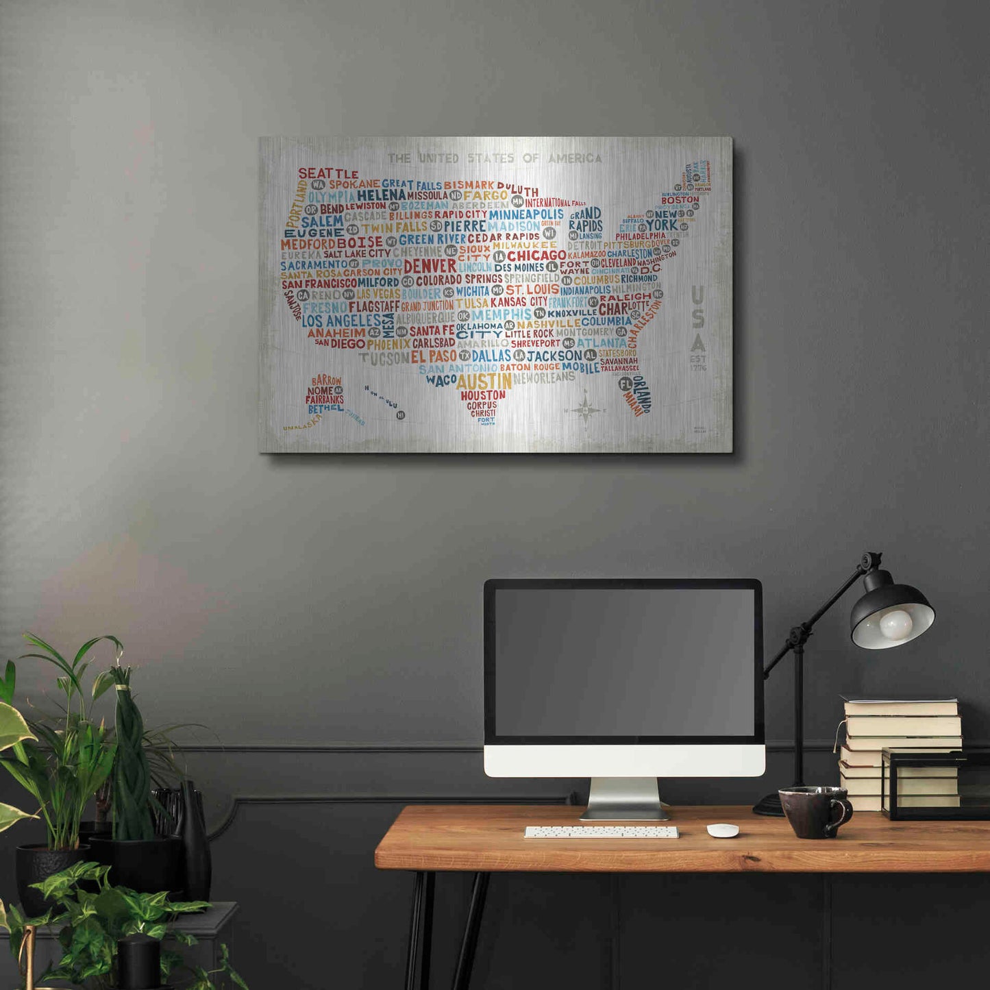 Luxe Metal Art 'US City Map' by Michael Mullan, Metal Wall Art,36x24