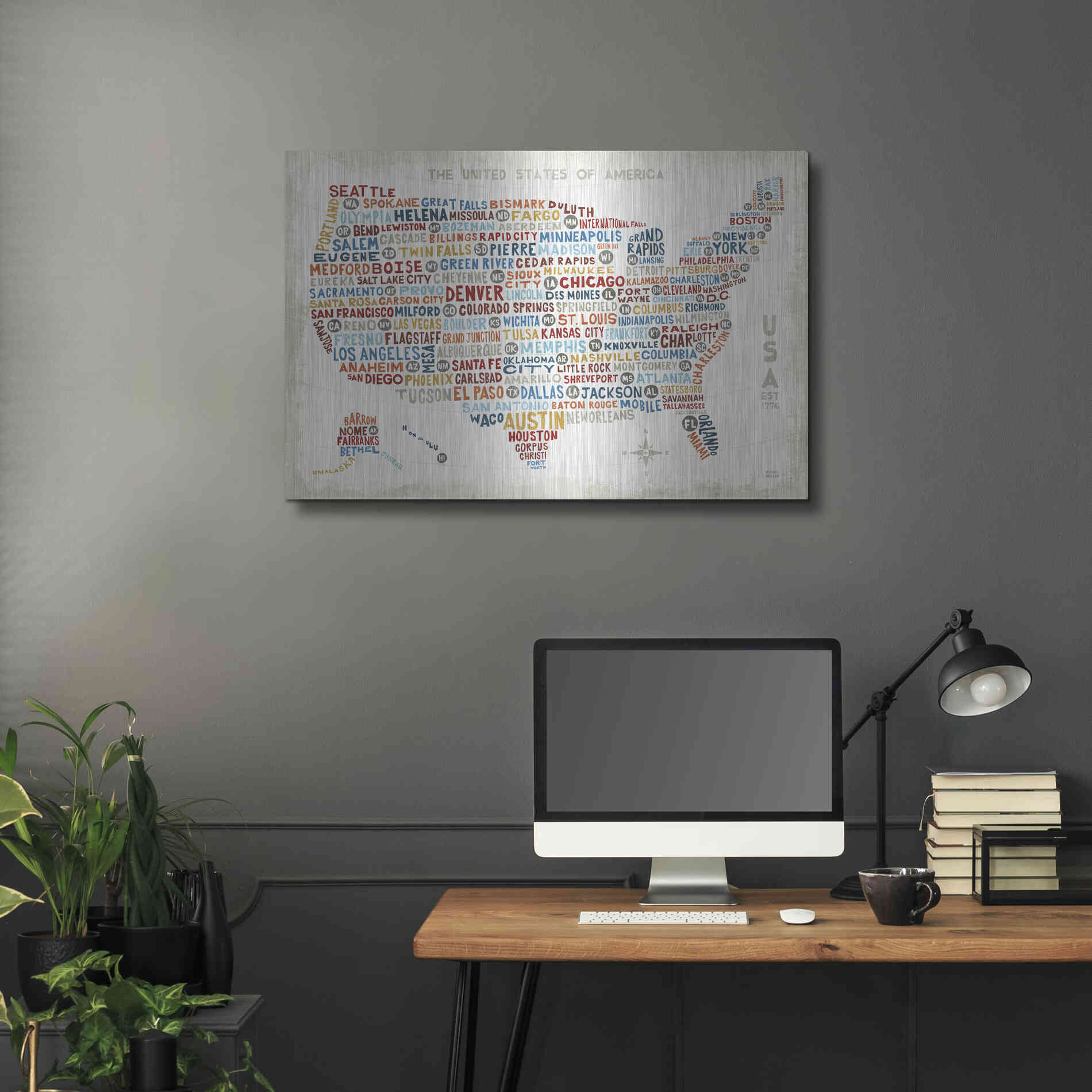 Luxe Metal Art 'US City Map' by Michael Mullan, Metal Wall Art,36x24