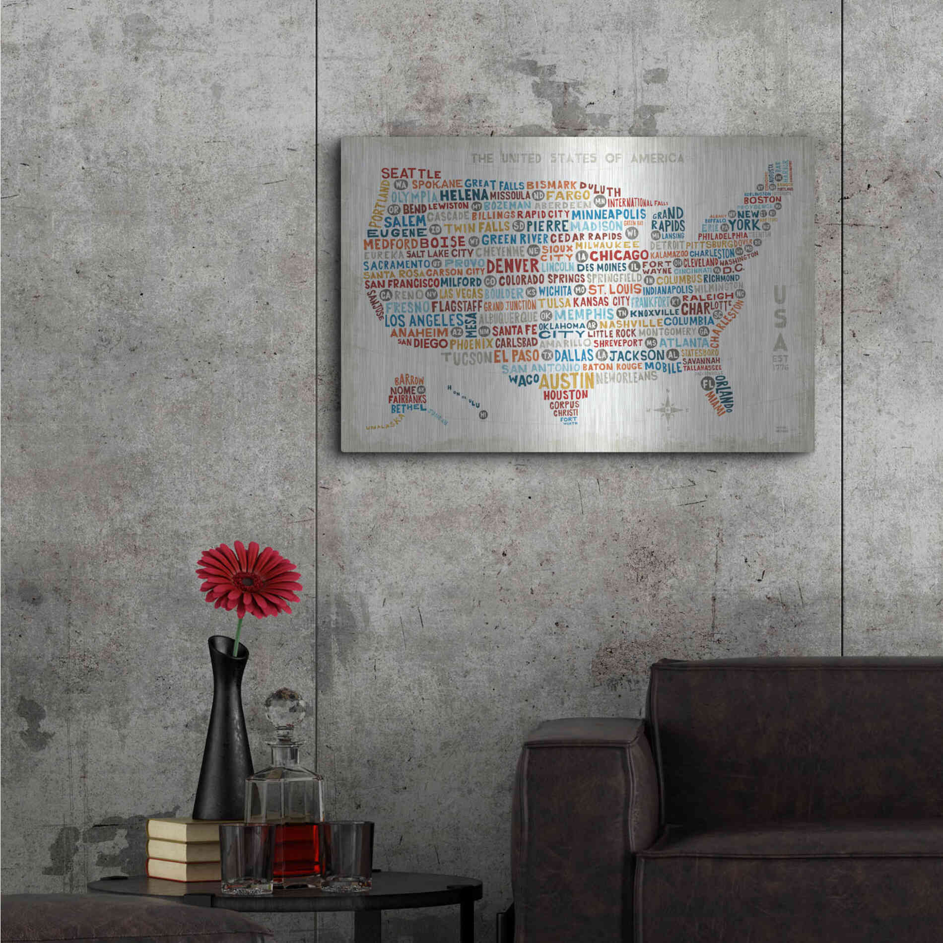 Luxe Metal Art 'US City Map' by Michael Mullan, Metal Wall Art,36x24