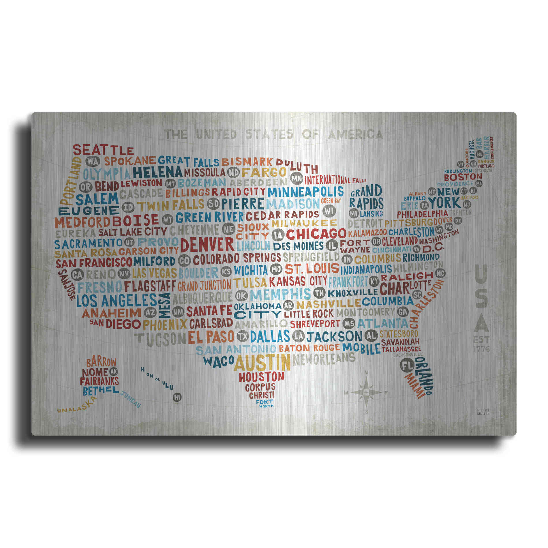 Luxe Metal Art 'US City Map' by Michael Mullan, Metal Wall Art