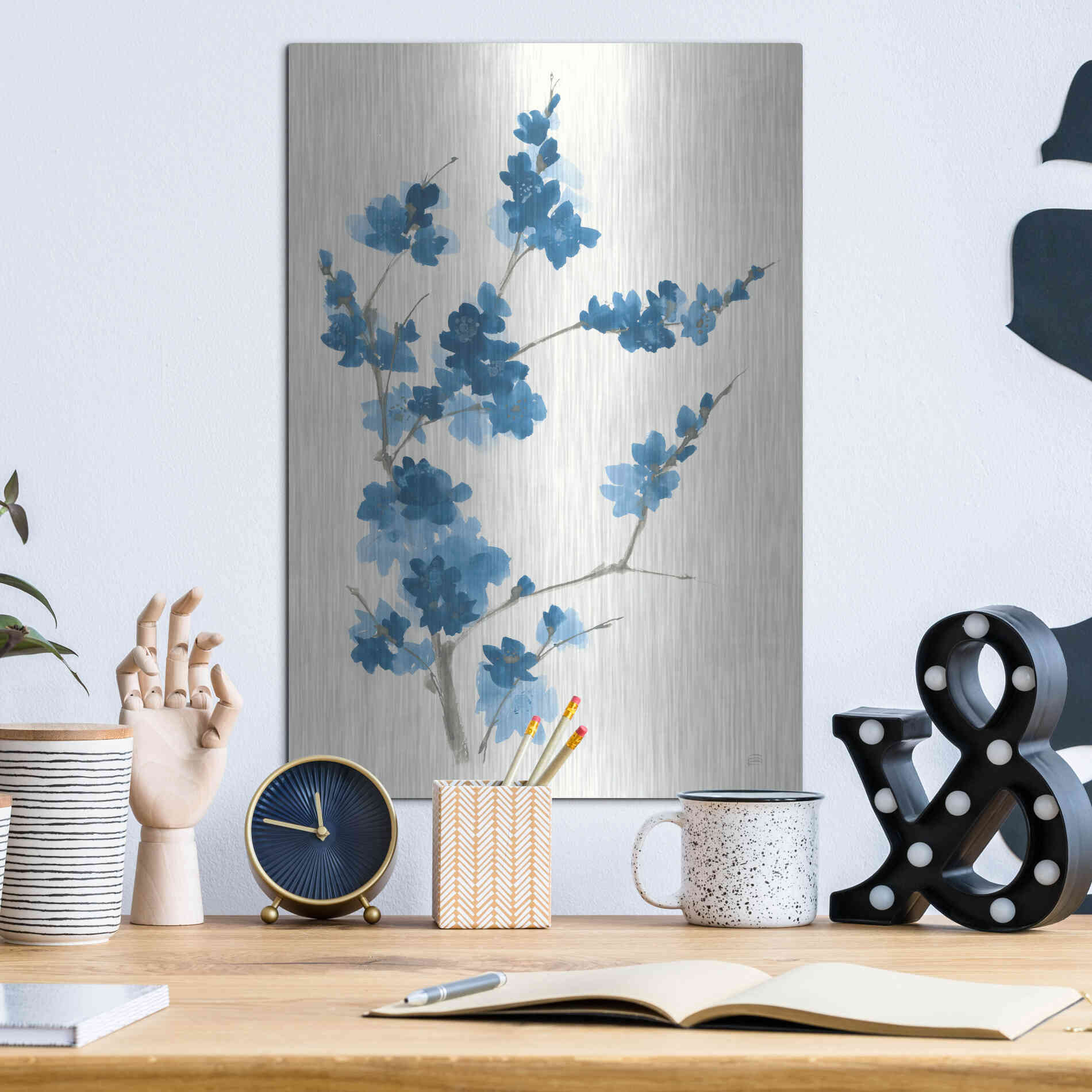 Luxe Metal Art 'Blue Branch I' by Chris Paschke, Metal Wall Art,12x16