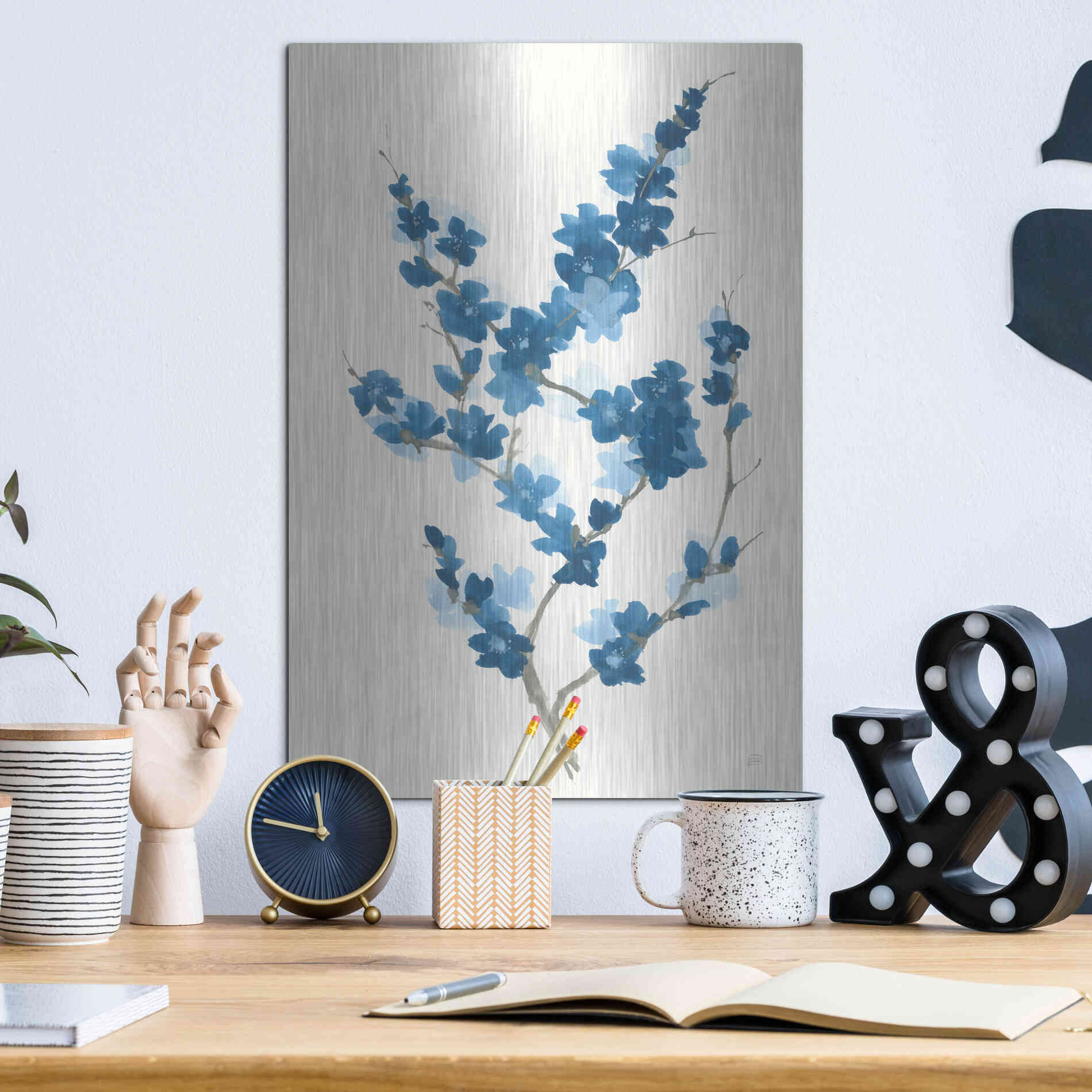 Luxe Metal Art 'Blue Branch II' by Chris Paschke, Metal Wall Art,12x16