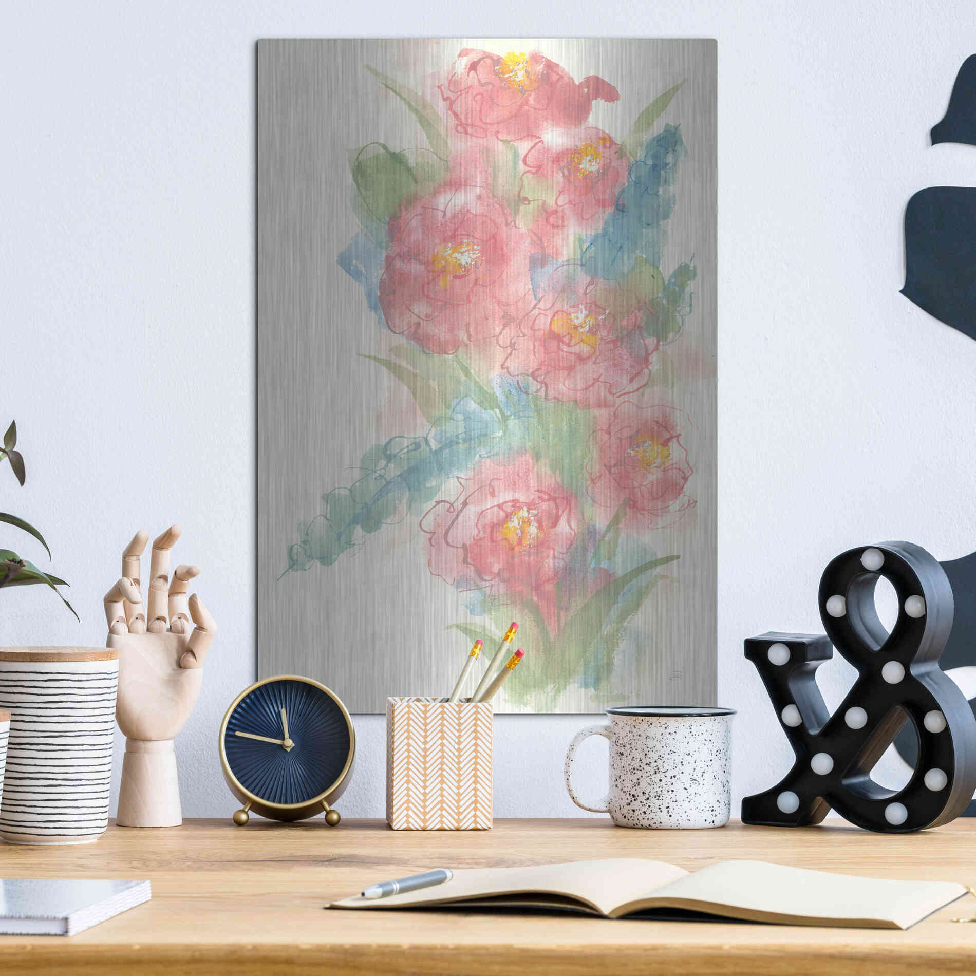 Luxe Metal Art 'Peony Bouquet I' by Chris Paschke, Metal Wall Art,12x16