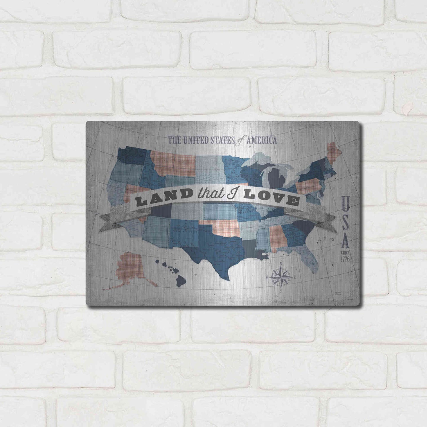 Luxe Metal Art 'USA Modern Vintage Blue Grey Red with Words' by Michael Mullan, Metal Wall Art,16x12