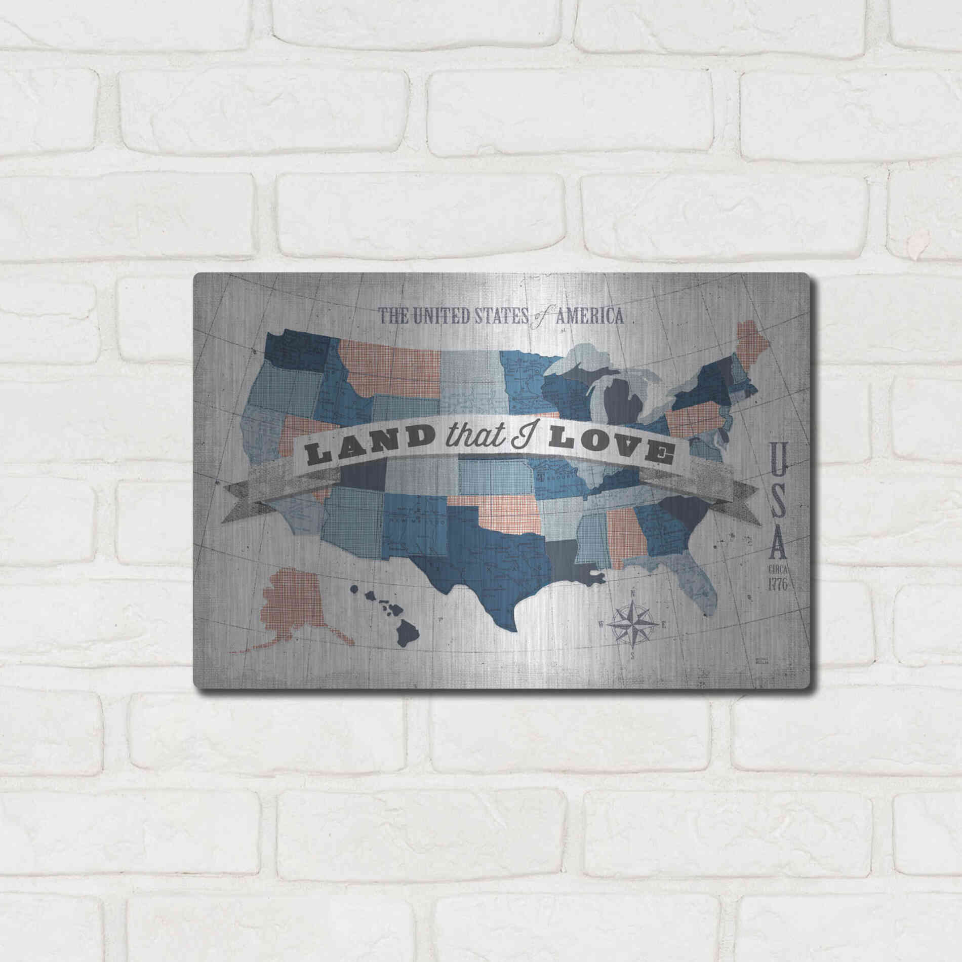 Luxe Metal Art 'USA Modern Vintage Blue Grey Red with Words' by Michael Mullan, Metal Wall Art,16x12