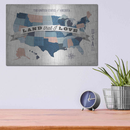 Luxe Metal Art 'USA Modern Vintage Blue Grey Red with Words' by Michael Mullan, Metal Wall Art,16x12