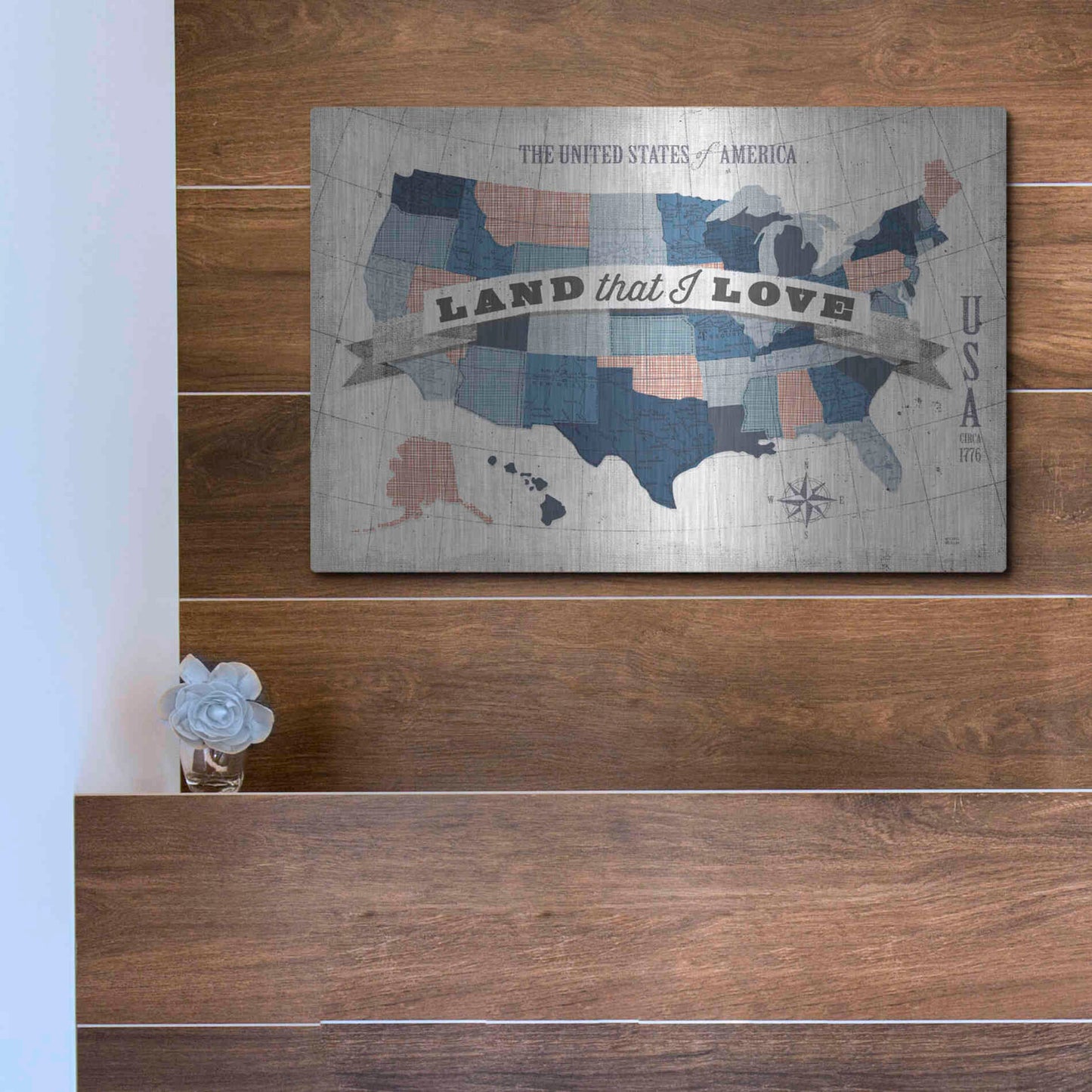 Luxe Metal Art 'USA Modern Vintage Blue Grey Red with Words' by Michael Mullan, Metal Wall Art,16x12