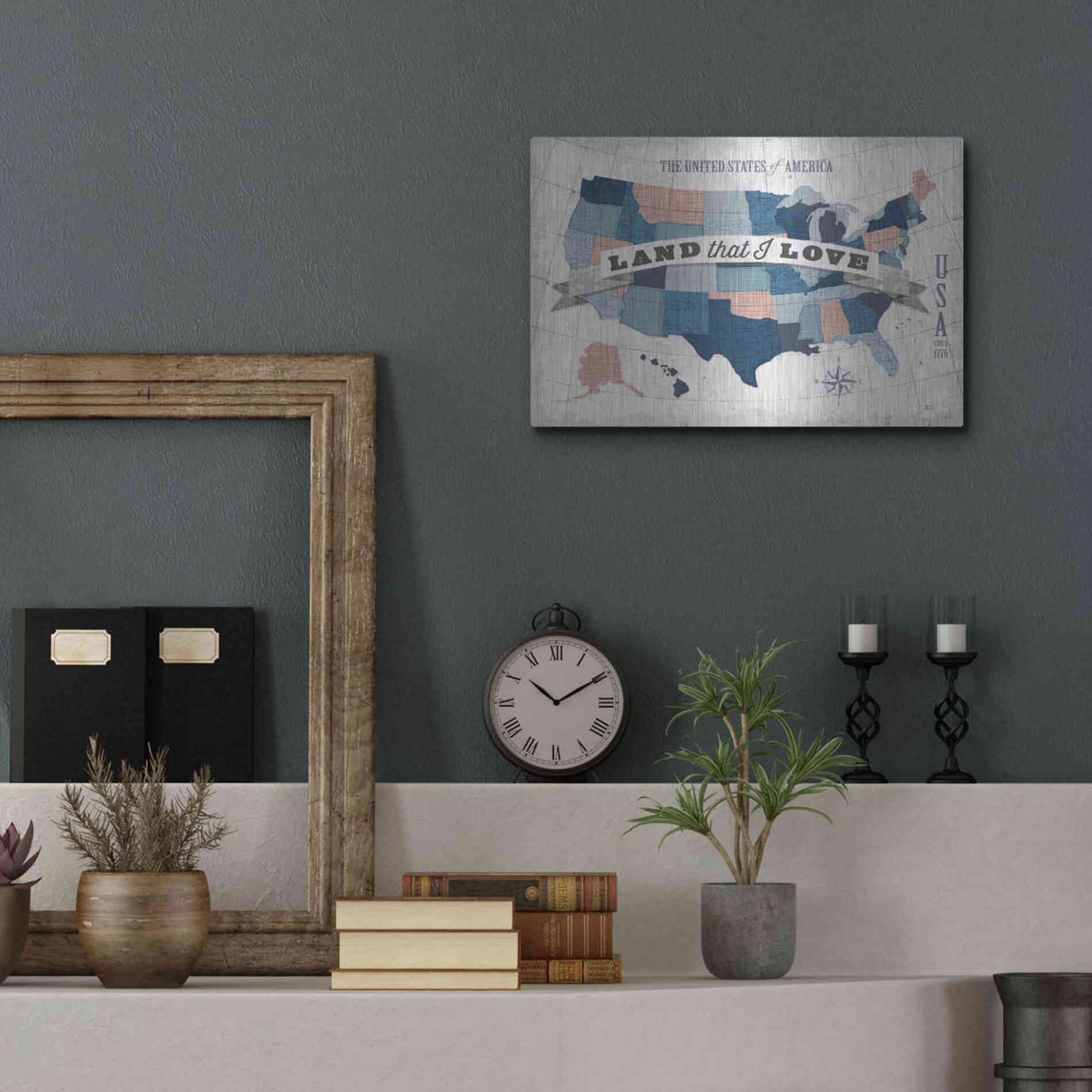 Luxe Metal Art 'USA Modern Vintage Blue Grey Red with Words' by Michael Mullan, Metal Wall Art,16x12