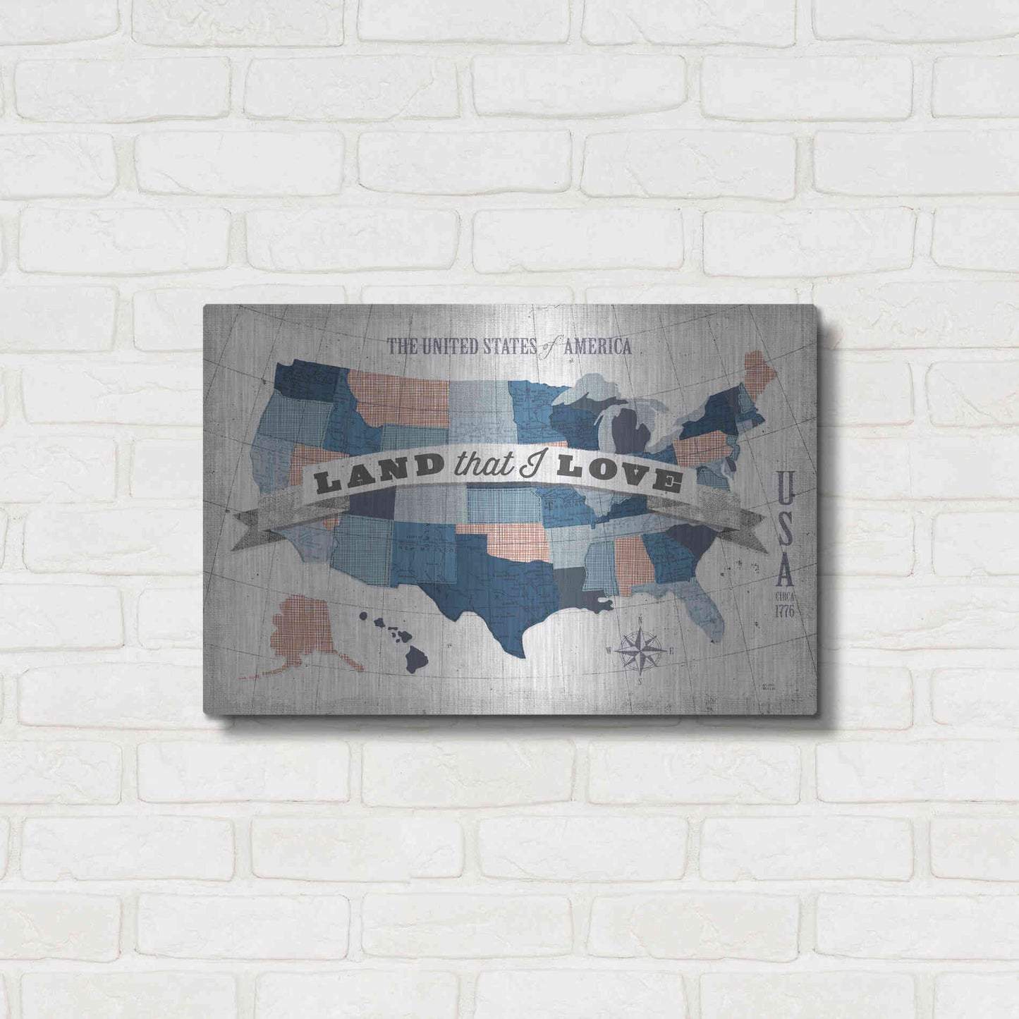 Luxe Metal Art 'USA Modern Vintage Blue Grey Red with Words' by Michael Mullan, Metal Wall Art,24x16