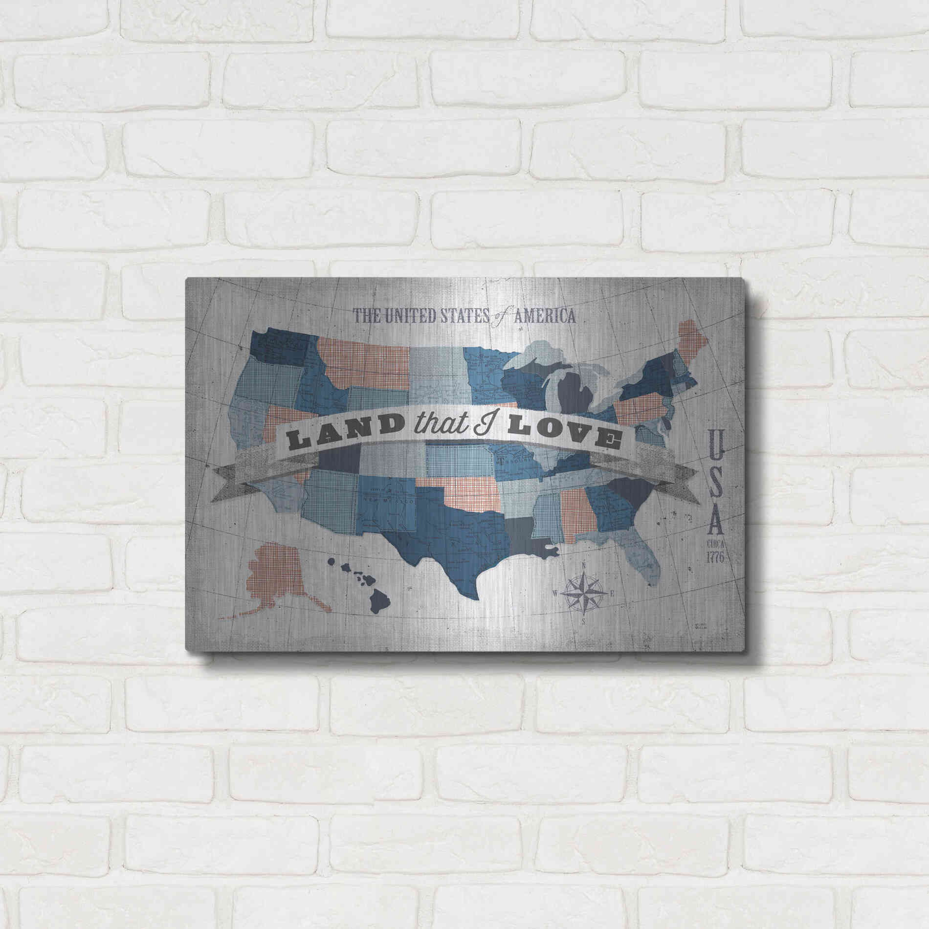Luxe Metal Art 'USA Modern Vintage Blue Grey Red with Words' by Michael Mullan, Metal Wall Art,24x16