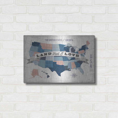 Luxe Metal Art 'USA Modern Vintage Blue Grey Red with Words' by Michael Mullan, Metal Wall Art,24x16