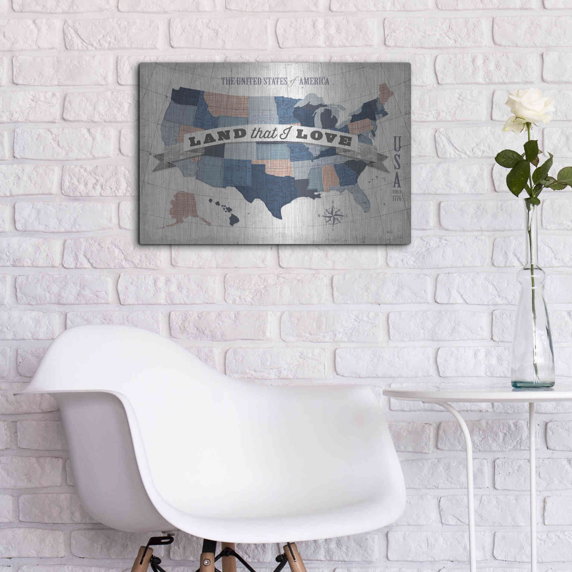 Luxe Metal Art 'USA Modern Vintage Blue Grey Red with Words' by Michael Mullan, Metal Wall Art,24x16