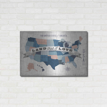 Luxe Metal Art 'USA Modern Vintage Blue Grey Red with Words' by Michael Mullan, Metal Wall Art,36x24