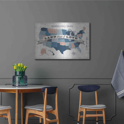 Luxe Metal Art 'USA Modern Vintage Blue Grey Red with Words' by Michael Mullan, Metal Wall Art,36x24