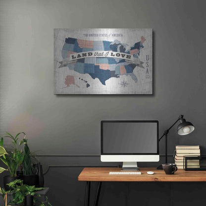 Luxe Metal Art 'USA Modern Vintage Blue Grey Red with Words' by Michael Mullan, Metal Wall Art,36x24