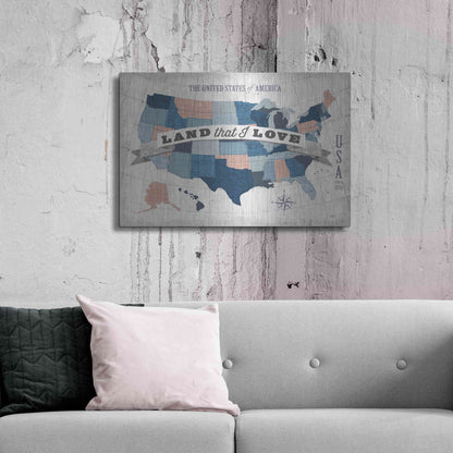 Luxe Metal Art 'USA Modern Vintage Blue Grey Red with Words' by Michael Mullan, Metal Wall Art,36x24
